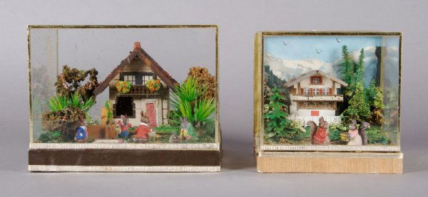 A Group of Two Narcissa Thorne Dioramas, Height of firs: A Group of Two Narcissa Thorne Dioramas, the first depicting rabbits and mice outside a cottage by a pool, the second depicting two squirrels outside a cottage. Height of first 5 3/4 inches.