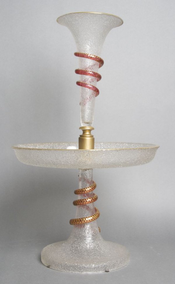 A Continental Gilt Decorated and Textured Glass Epergne: A Continental Gilt Decorated and Textured Glass Epergne, attributed to Baccarat, trumpet form over a circular dish raised on a circular foot with two applied glass snakes. Height 19 x width 11 1/2 inc