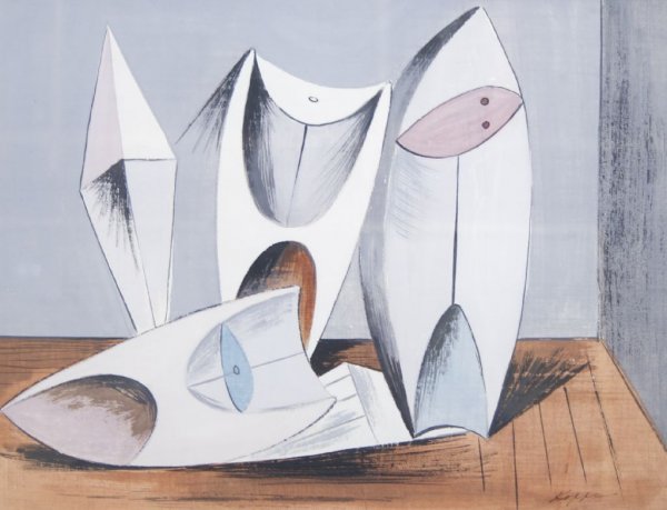 Richard Koppe, (American, 1916-1973), Untitled (Beach F: Richard Koppe (American, 1916-1973) Untitled (Beach Forms in Grey Interior), circa 1946 gouache on paper signed (lower right) 11 1/2 x 14 1/2 inches.