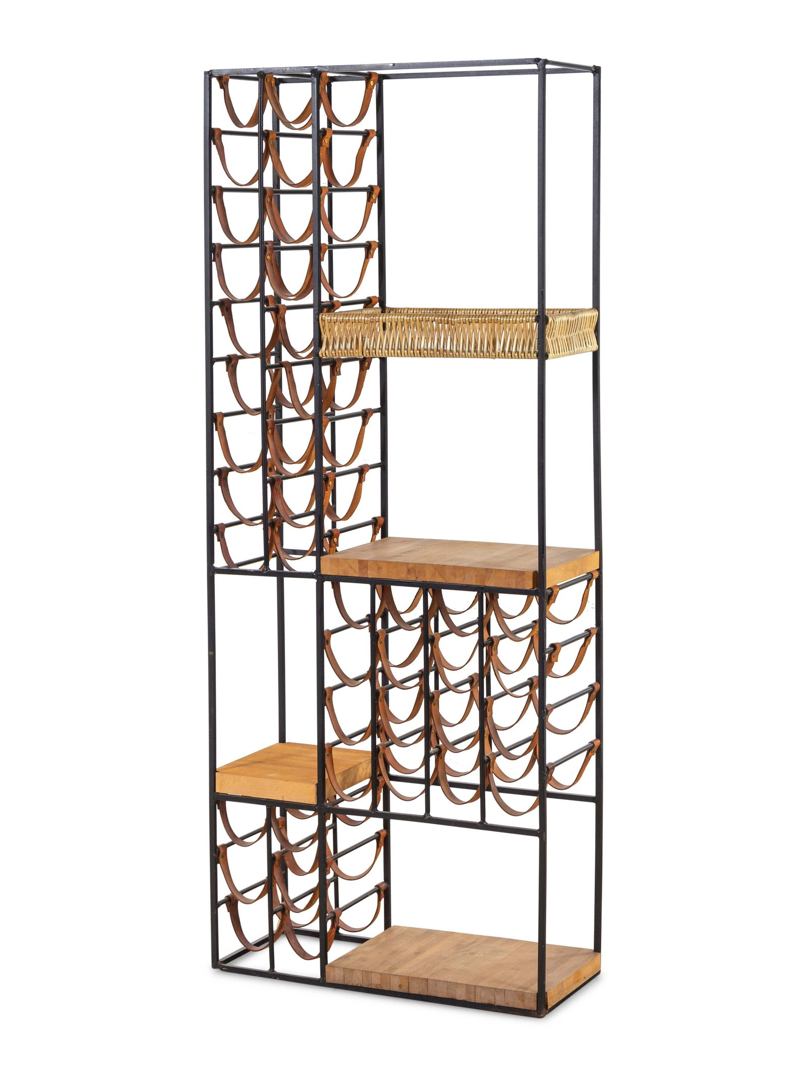 Arthur Umanoff (American, 1923-1985) Wine Rack: Arthur Umanoff (American, 1923-1985) Wine Rack wrought-iron, leather, maple H 66 1/2 x W 26 1/2 x D 11 inches.