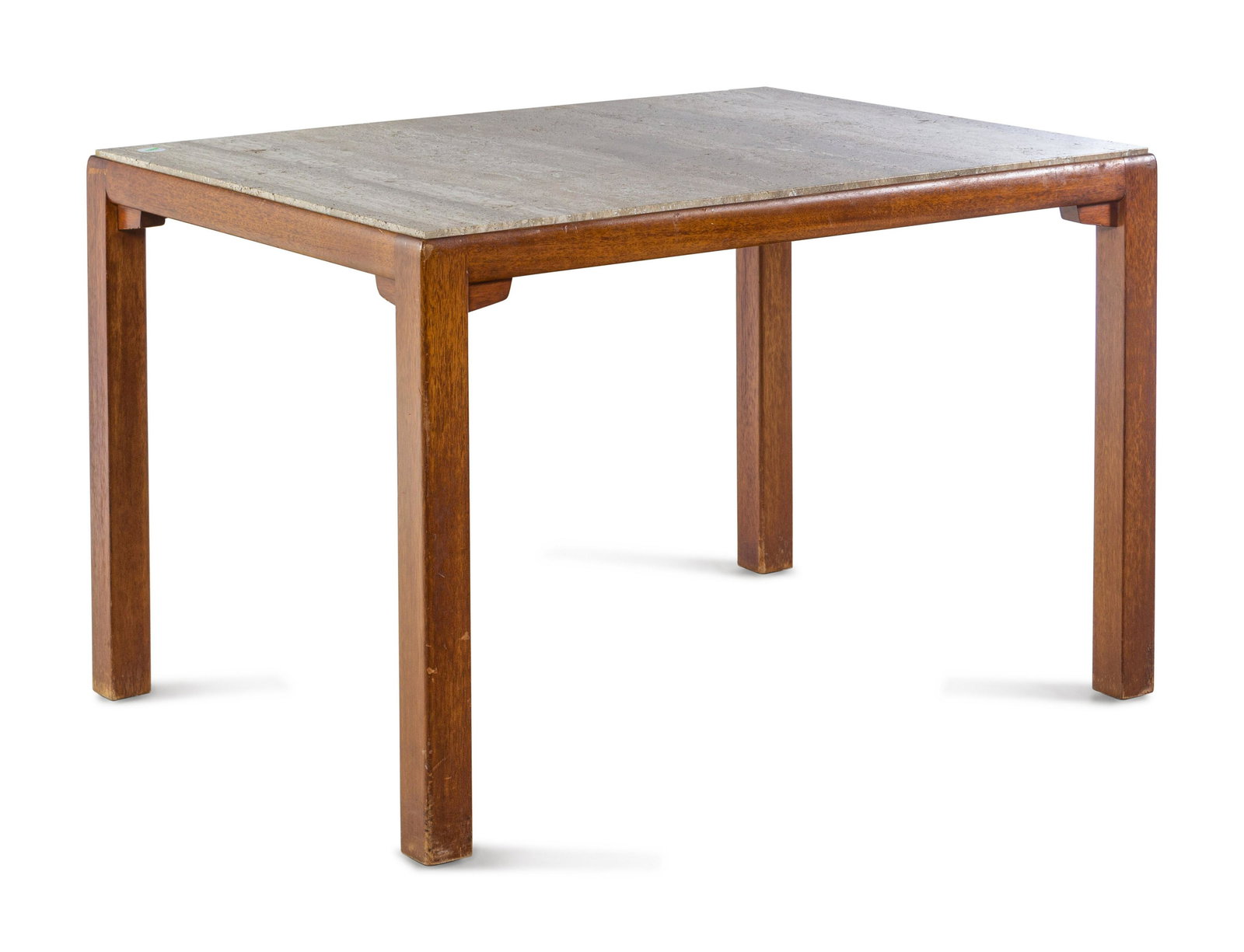 Dunbar Mid-20th Century Dining Table: Dunbar Mid-20th Century Dining Table mahogany, travertine manufacturer's label to underside H 29 1/4 x W 34 x D 46 inches.