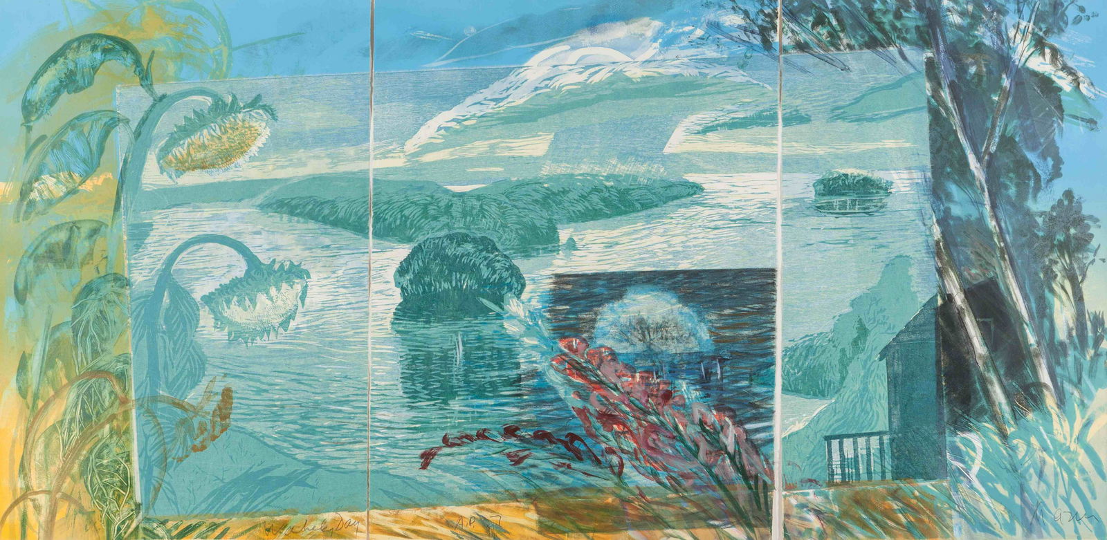 Michael Burton Mazur (American, 1935-2009) Wakeby Day,: Michael Burton Mazur (American, 1935-2009) Wakeby Day, 1986 color lithograph and woodcut, chine colle, and monotype in three parts signed and inscribed in pencil 30 x 60 inches. Property from the Coll