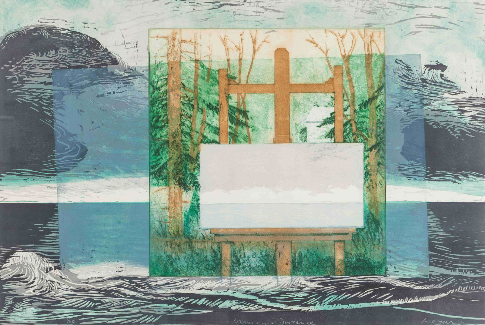 Michael Burton Mazur (American, 1935-2009) Memory and: Michael Burton Mazur (American, 1935-2009) Memory and Distance, 1992 woodcut, etching and monotype signed, inscribed and numbered 19/50 in pencil 31 x 47 inches. Property from the Collection of an Ame