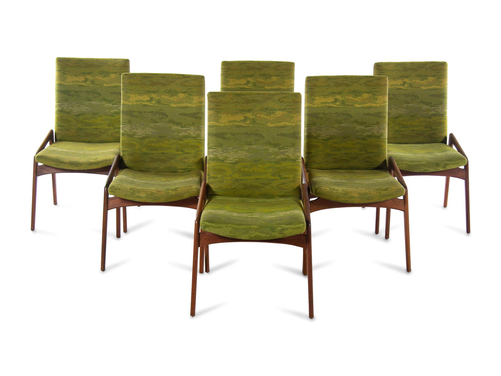 Manner of Adrian Pearsall Mid 20th Century Six Dining: Manner of Adrian Pearsall Mid 20th Century Six Dining Chairs wood, upholstery H 37 x W 19 1/2 x D 20 inches.