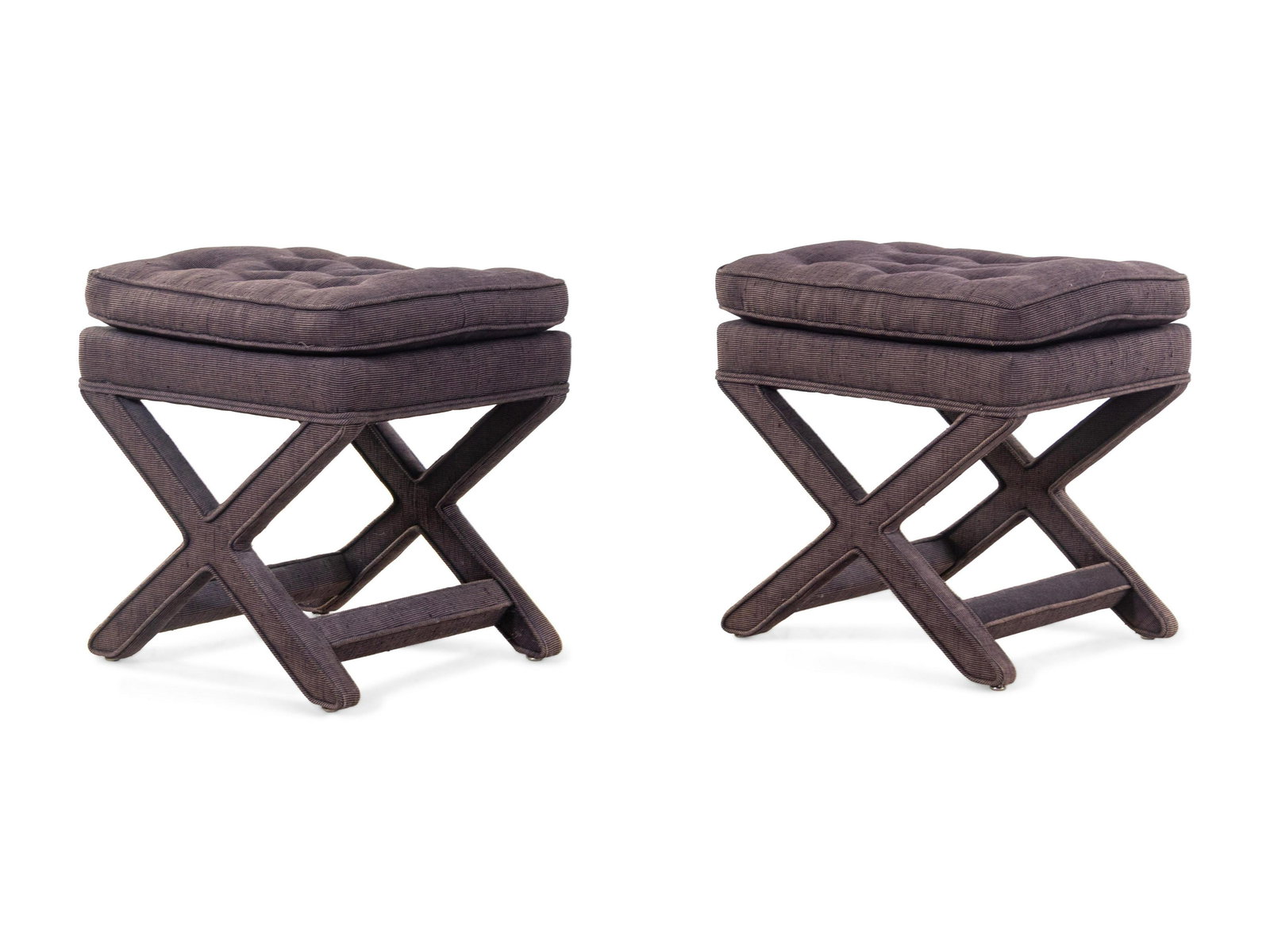 Manner of Billy Baldwin American, Mid 20th Century Pair: Manner of Billy Baldwin American, Mid 20th Century Pair of X-Base Stools upholstery over wood H 21 x W 20 1/2 x D 17 1/2 inches. Property from the Estate of Harriet Wilson Ellis, Chicago, Illinois