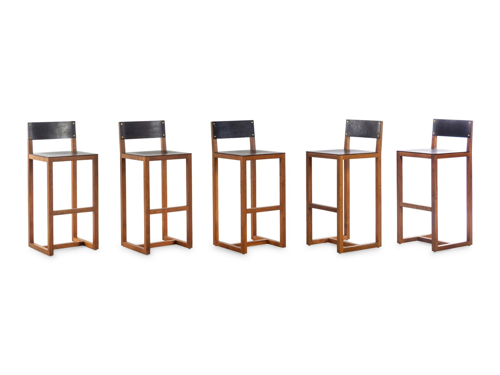Tyler Hays (American, b. 1968) Set of Five Square Bar: Tyler Hays (American, b. 1968) Set of Five Square Bar Stools,BDDW, USA walnut, leather, brass stamped 'BDDW' to underside of each H 39 x W 16 x D 18 inches.
