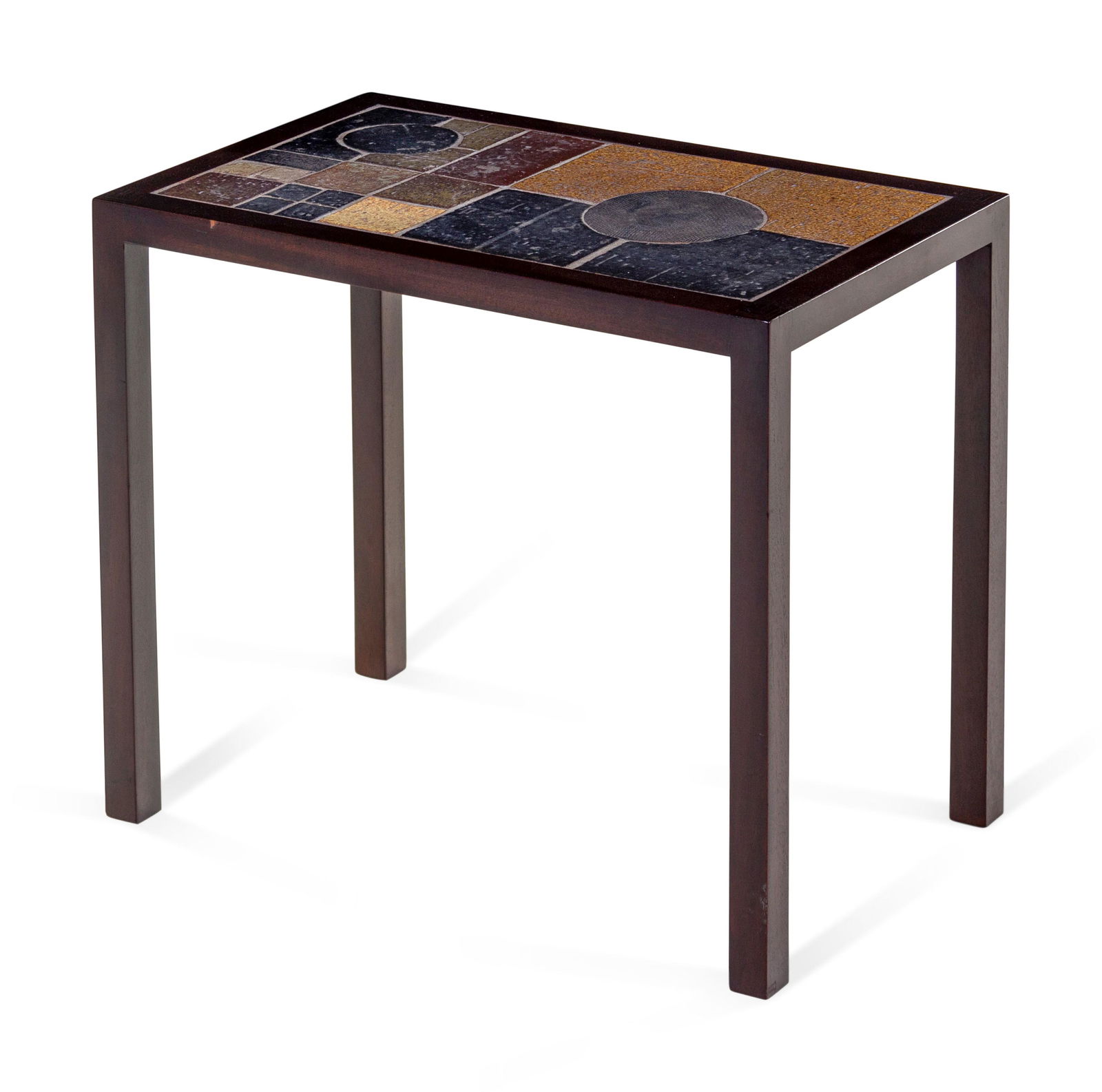 Severin Hansen Jr. (Danish, 1887-1964) Side Table with: Severin Hansen Jr. (Danish, 1887-1964) Side Table with Ceramic Tile Top,Haslev Mobelsnedkeri, Denmark mahogany, glazed stoneware manufacturer's paper labels to underside H 20 x W 24 x D 14 3/4 inches.