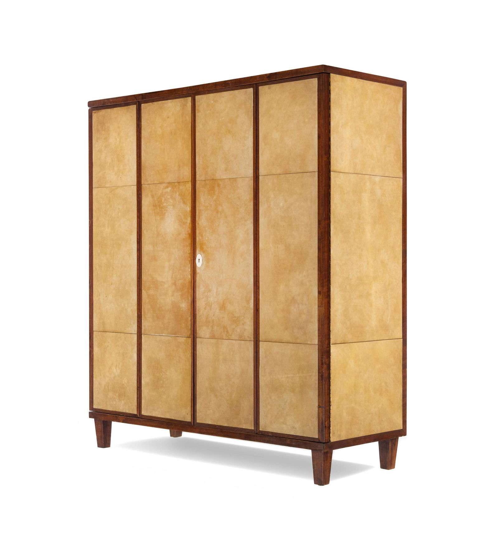 After Jean Michel Frank American, Late 20th Century: After Jean Michel Frank American, Late 20th Century Four Door Cabinet, Mattaliano, USA oak, parchment H 54 x W 47 x D 18 inches. Property from The Estate of Ivan Himmel, Chicago, Illinois