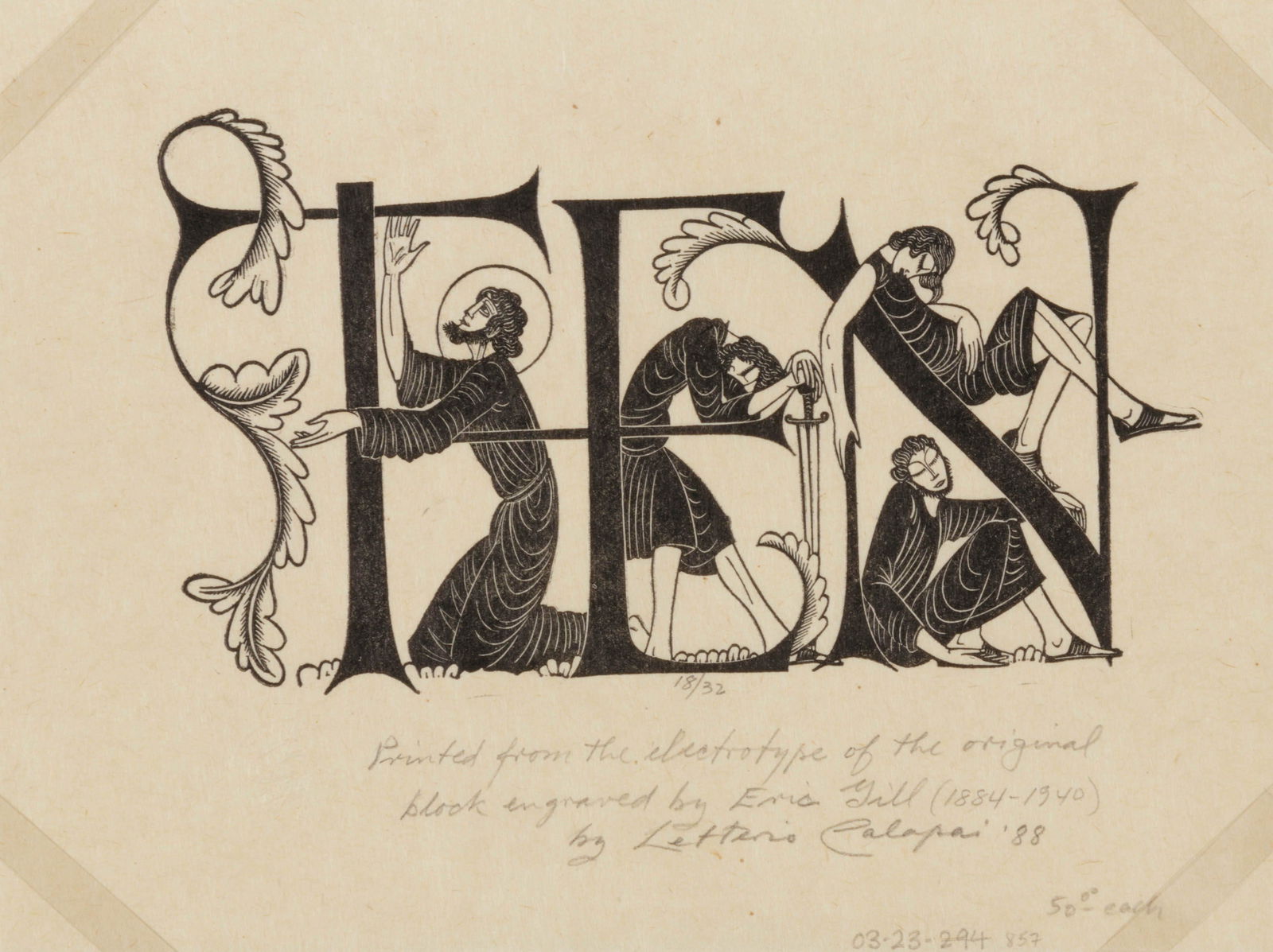 Eric Gill (British, 1884-1940) Ten, 1988: Eric Gill (British, 1884-1940) Ten, 1988 woodcut; printed by Letterio Calapai in 1988 signed, dated and numbered 18/32 in pencil 4 1/2 x 7 inches.