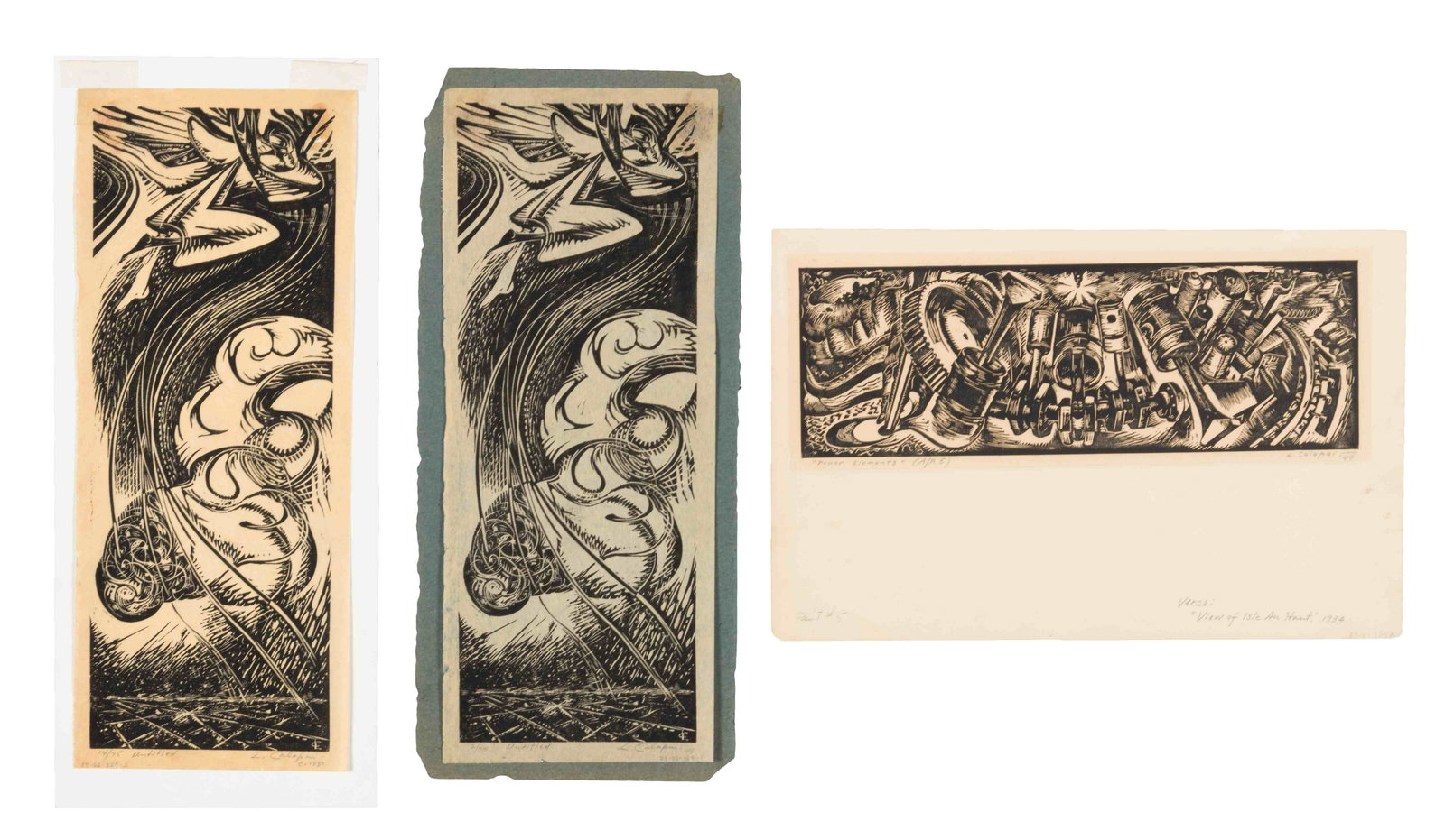 Letterio Calapai (American, 1902-1993) Power Elements,: Letterio Calapai (American, 1902-1993) Power Elements, 1944, Untitled, 1948 and Untitled, 1948 woodcut signed, titled, date and numbered A.P. 5, 2/75 and 14/75 in pencil 3 1/2 x 10 1/2 and 12 x 4 1/2