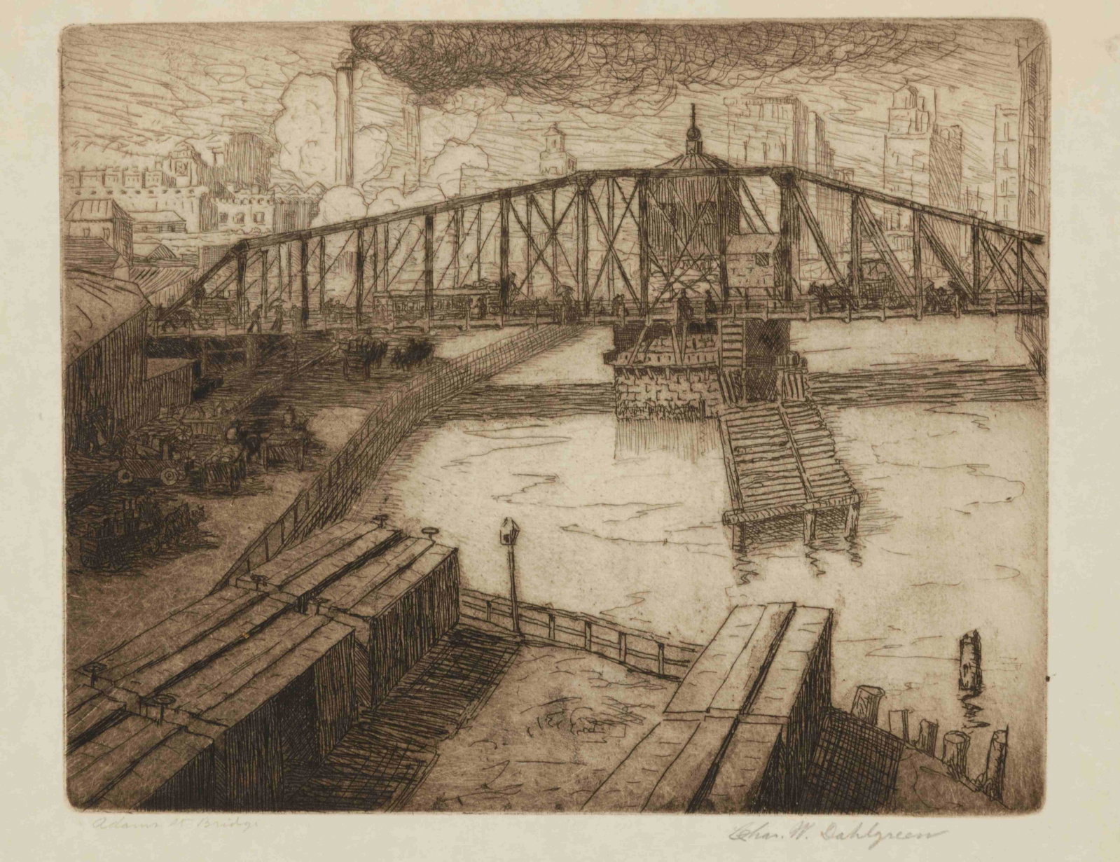 Charles Dahlgreen (American, 1864-1955) Adams St.: Charles Dahlgreen (American, 1864-1955) Adams St. Bridge and Untitled (Snow Scene) etchings each signed in pencil 9 3/4 x 8 and 9 3/4 x 11 3/4 inches.
