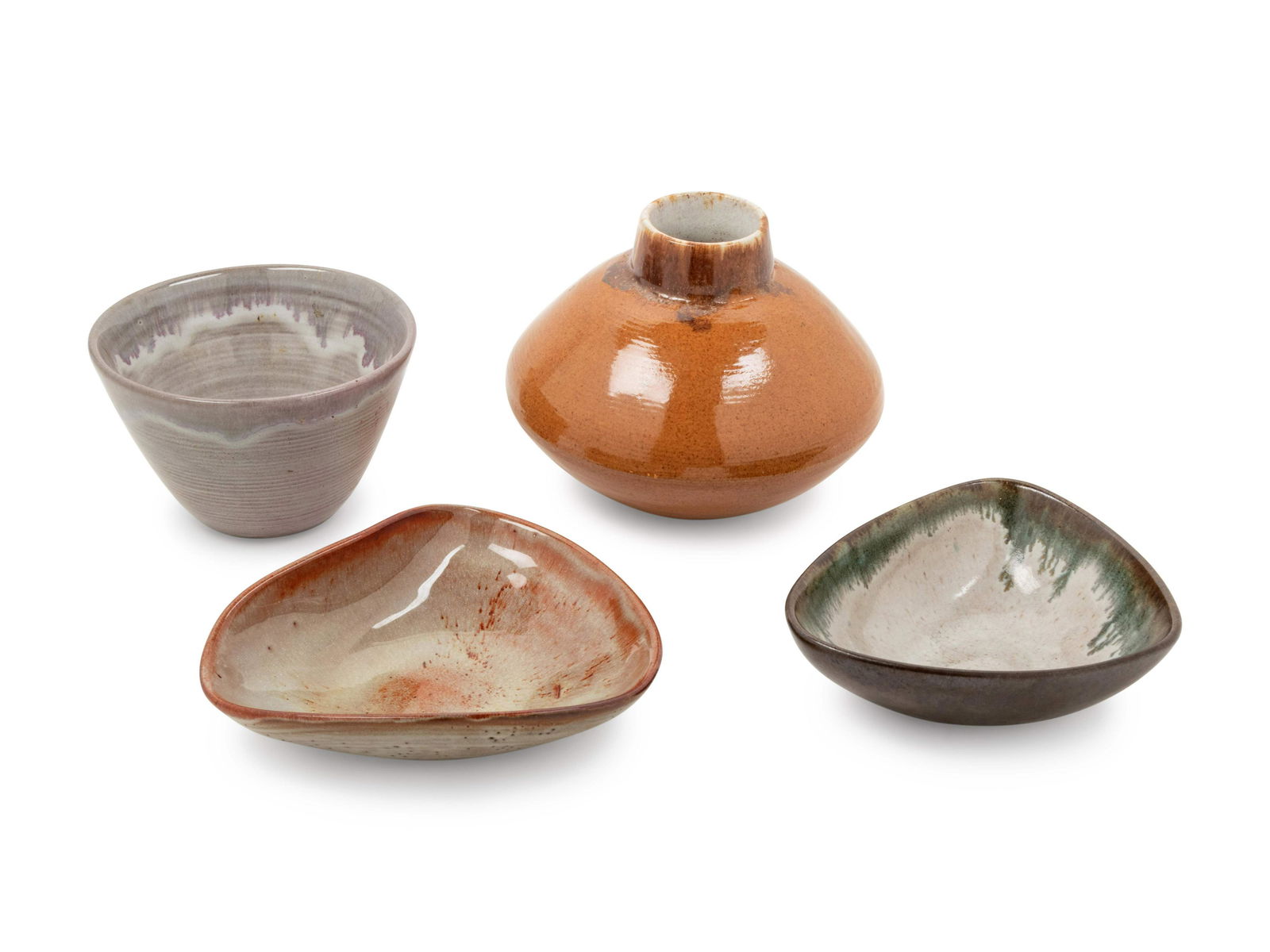 Eugene Deutch (Hungarian-American, 1904-1959): Eugene Deutch (Hungarian-American, 1904-1959) Collection of Four Works;Three Small Bowls and One Vase glazed stoneware Tallest 5 3/4 x Diameter 6 3/4 inches. Property from the Collection of William Mo