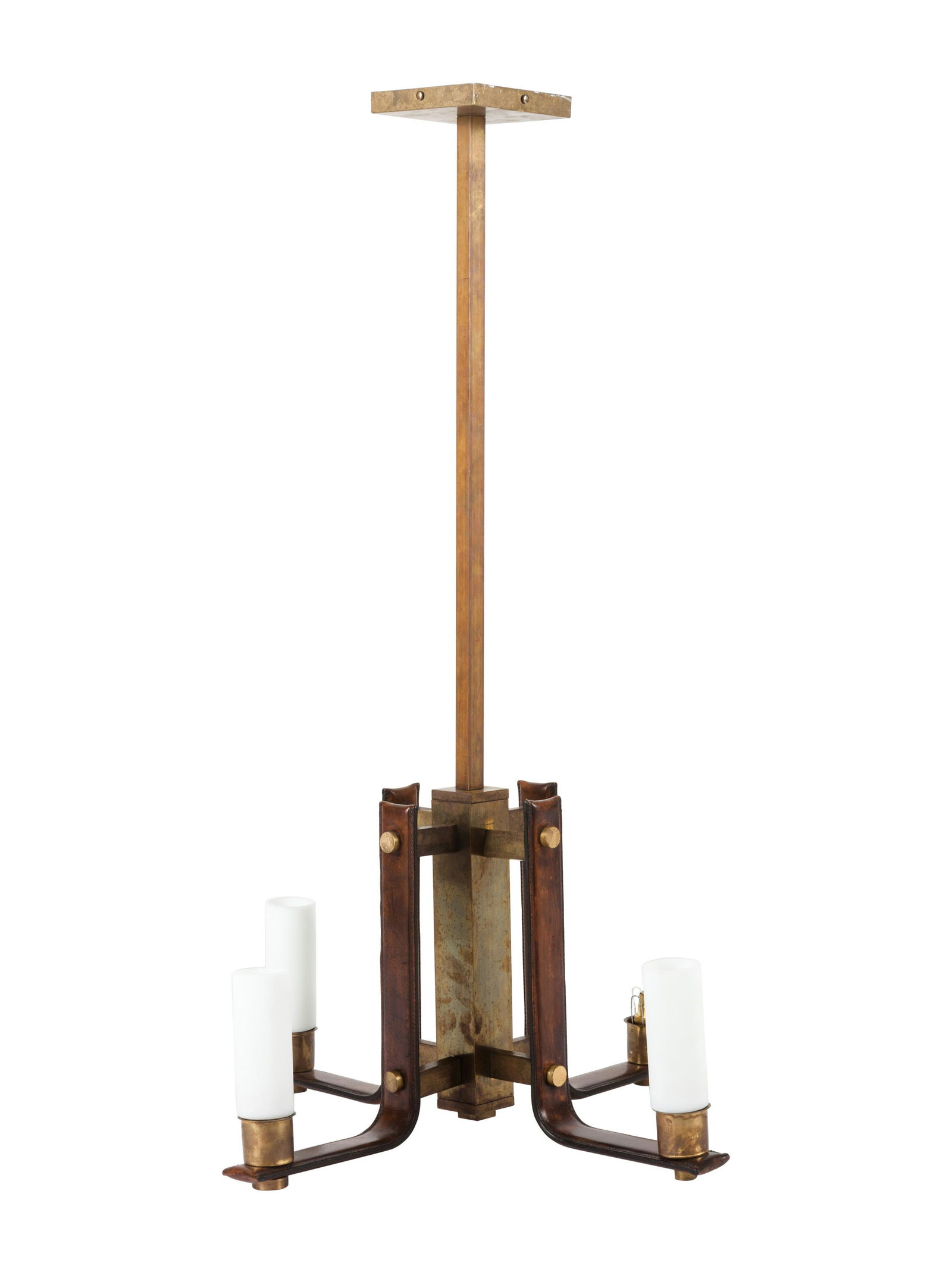 Manner of Jacques Adnet Second Half 20th Century Four: Manner of Jacques Adnet Second Half 20th Century Four Light Chandelier brass, leather, glass H 37 3/4 x Diameter 27 inches. Property from a Private Collection, Winnetka, Illinois