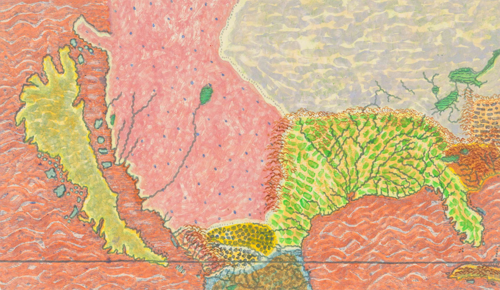 Joyce Kozloff (American, b. 1942) New Mexico and: Joyce Kozloff (American, b. 1942) New Mexico and Florida, 1656, 1999 monoprint and lithography 6 1/2 x 11 1/2 inches. Property from The Western Union Company