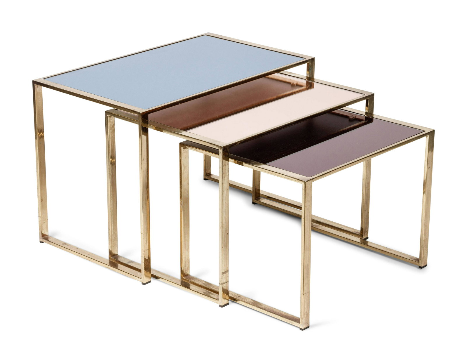 Modern 21st Century Three Nesting Tables: Modern 21st Century Three Nesting Tables brass, mirror H 18 x W 26 x D 15 1/2 inches. Note to the buyer: This work is currently being stored at the Hindman Atlanta office. The shipment of the work fro