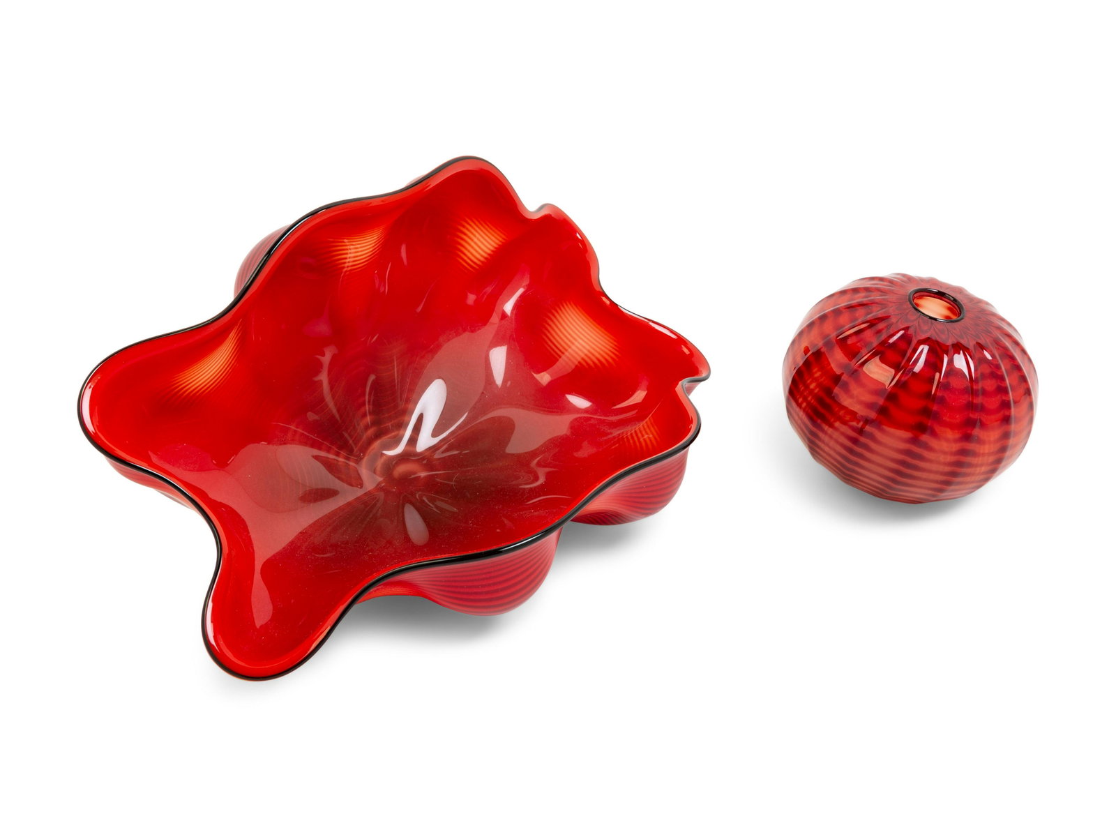 Dale Chihuly (American, b. 1941) Two-Piece Red Sea Form: Dale Chihuly (American, b. 1941) Two-Piece Red Sea Form Set glass signed H 5 1/4 x W 10 x D 7 inches. Property from the Estate of Mr. and Mrs. Dean Drahos, Northfield, Ohio