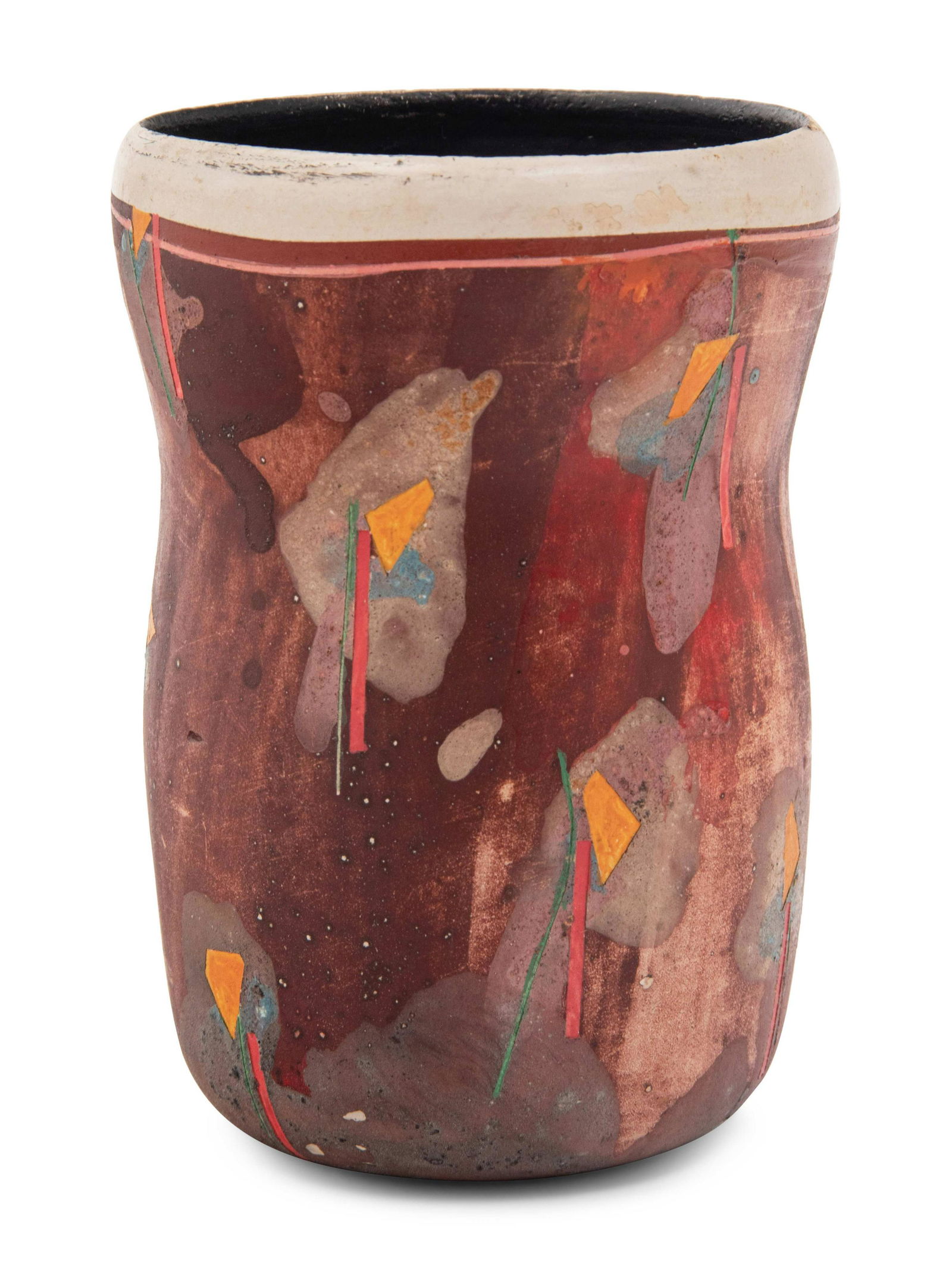 Bennett Bean (American, b. 1941) Untitled Cup Form: Bennett Bean (American, b. 1941) Untitled Cup Form Raku fired and poly-chromed stoneware signed with artists insignia to underside H 4 3/4 x Diameter 3 1/4 inches. Property from a Private Collection,