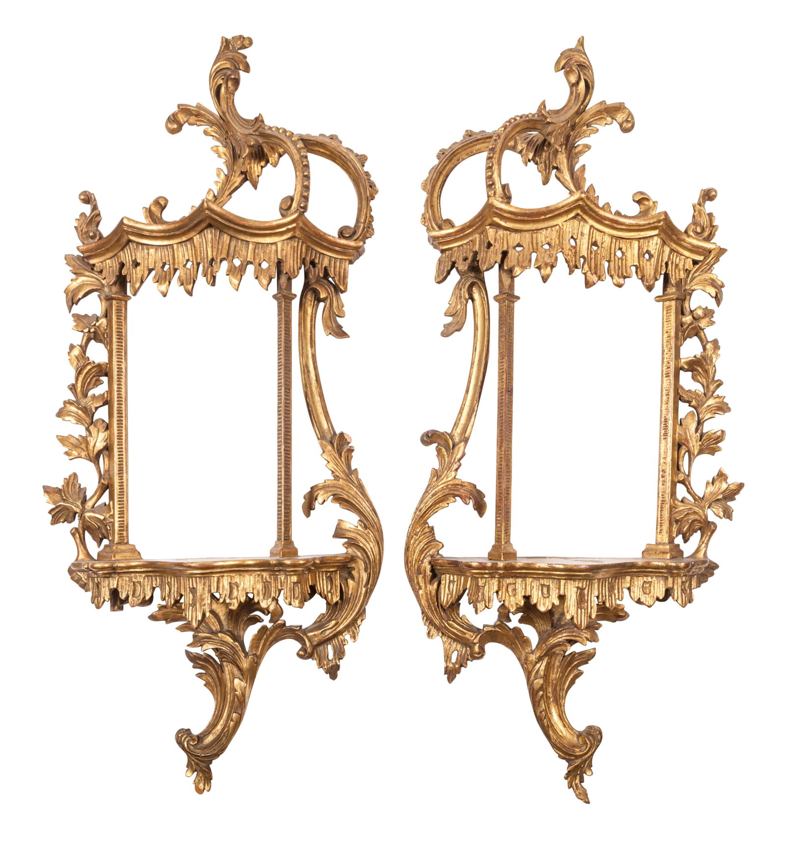 A Pair of Chinese Chippendale Style Giltwood Wall: A Pair of Chinese Chippendale Style Giltwood Wall Brackets Italy, Early 20th Century Height 36 x width 16 inches. Property from the Estate of John D. Fornengo, Chicago, Illinois