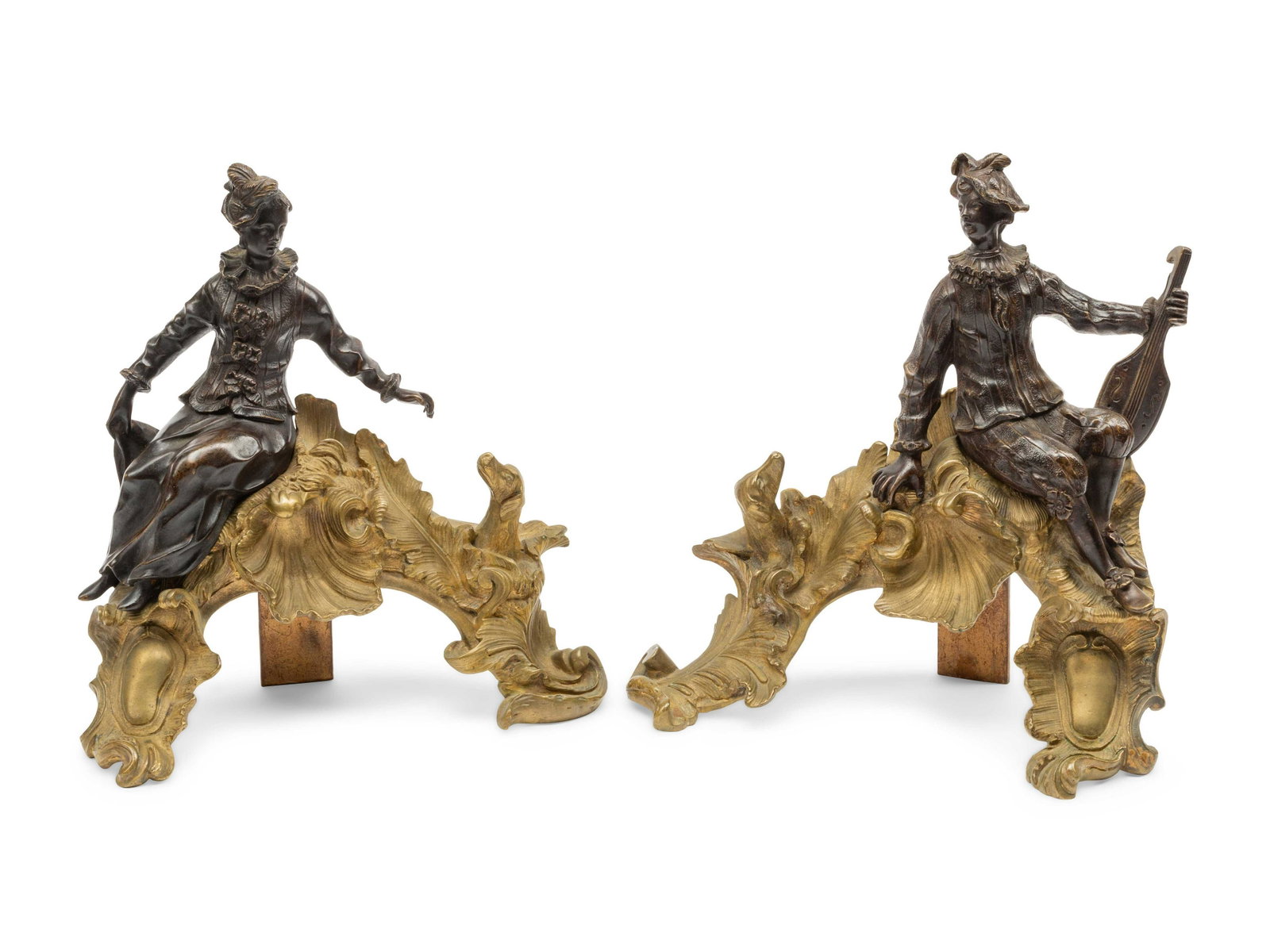 A Pair of Louis XV Style Gilt and Patinated Bronze: A Pair of Louis XV Style Gilt and Patinated Bronze Figural Chenets 19th Century Height 12 inches.