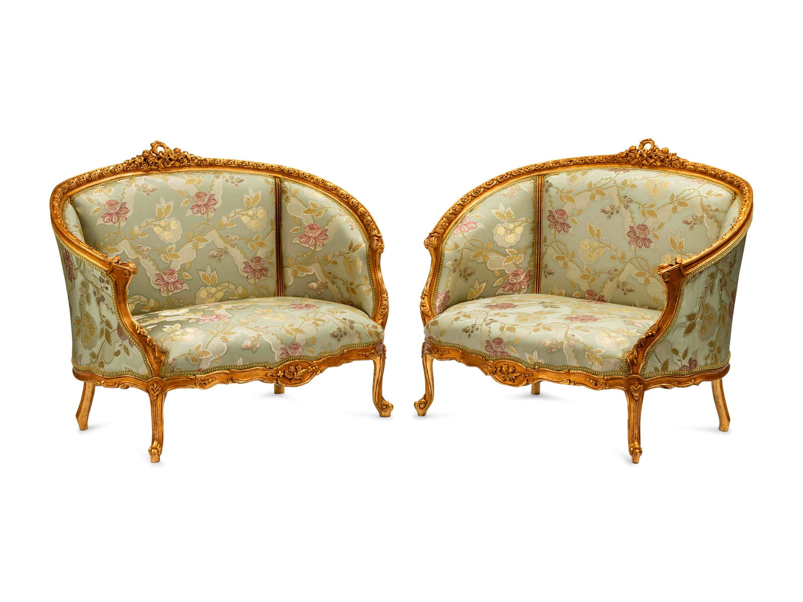 A Pair of Louis XV Style Giltwood Sofas: A Pair of Louis XV Style Giltwood Sofas 20th Century Height 37 x width 47 x depth 30 inches.