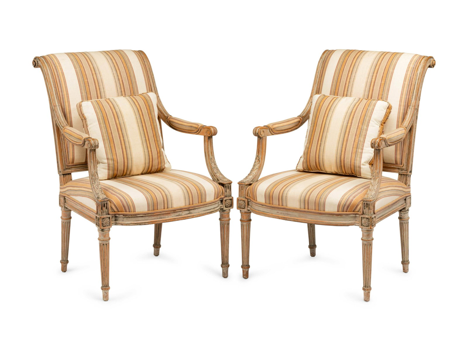 A Pair of Louis XVI Gray-Painted Fauteuils: A Pair of Louis XVI Gray-Painted Fauteuils Early 19th Century Height 36 x width 25 1/2 x depth 26 inches.