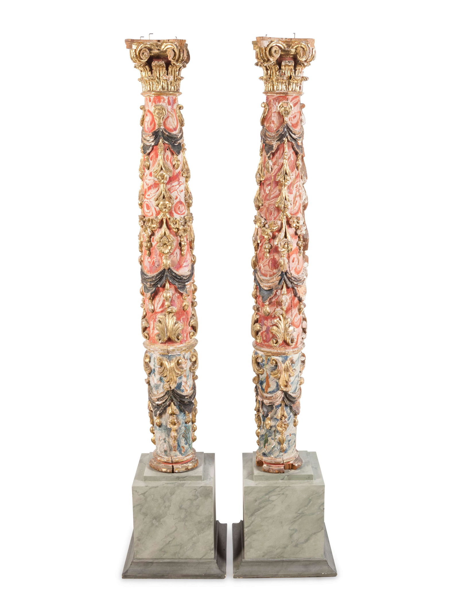 A Pair of Spanish Painted and Parcel Gilt Solomonic: A Pair of Spanish Painted and Parcel Gilt Solomonic Columns 18th Century Height 52 x width 13 inches. Property from the Collection of Mr. and Mrs. Cyrus Freidheim, Chicago, Illinois