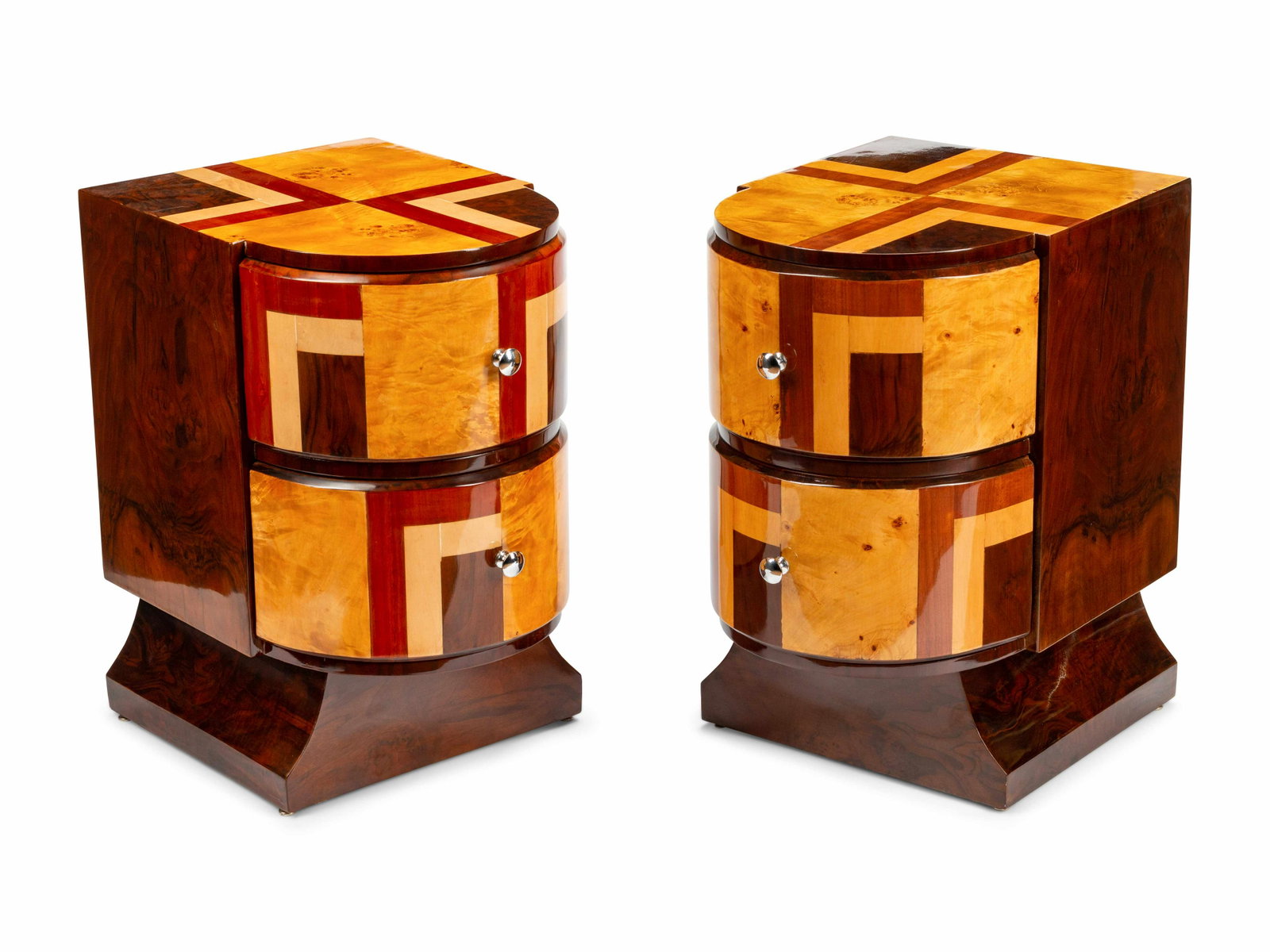 A Pair of Art Deco Style Inlaid Nightstands: A Pair of Art Deco Style Inlaid Nightstands 20th Century Height 24 x width 16 x depth 20 inches.