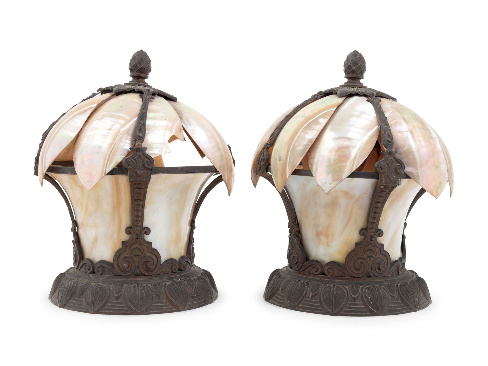 A Pair of American Cast Metal, Glass and Shell-Mounted (1 of 2)