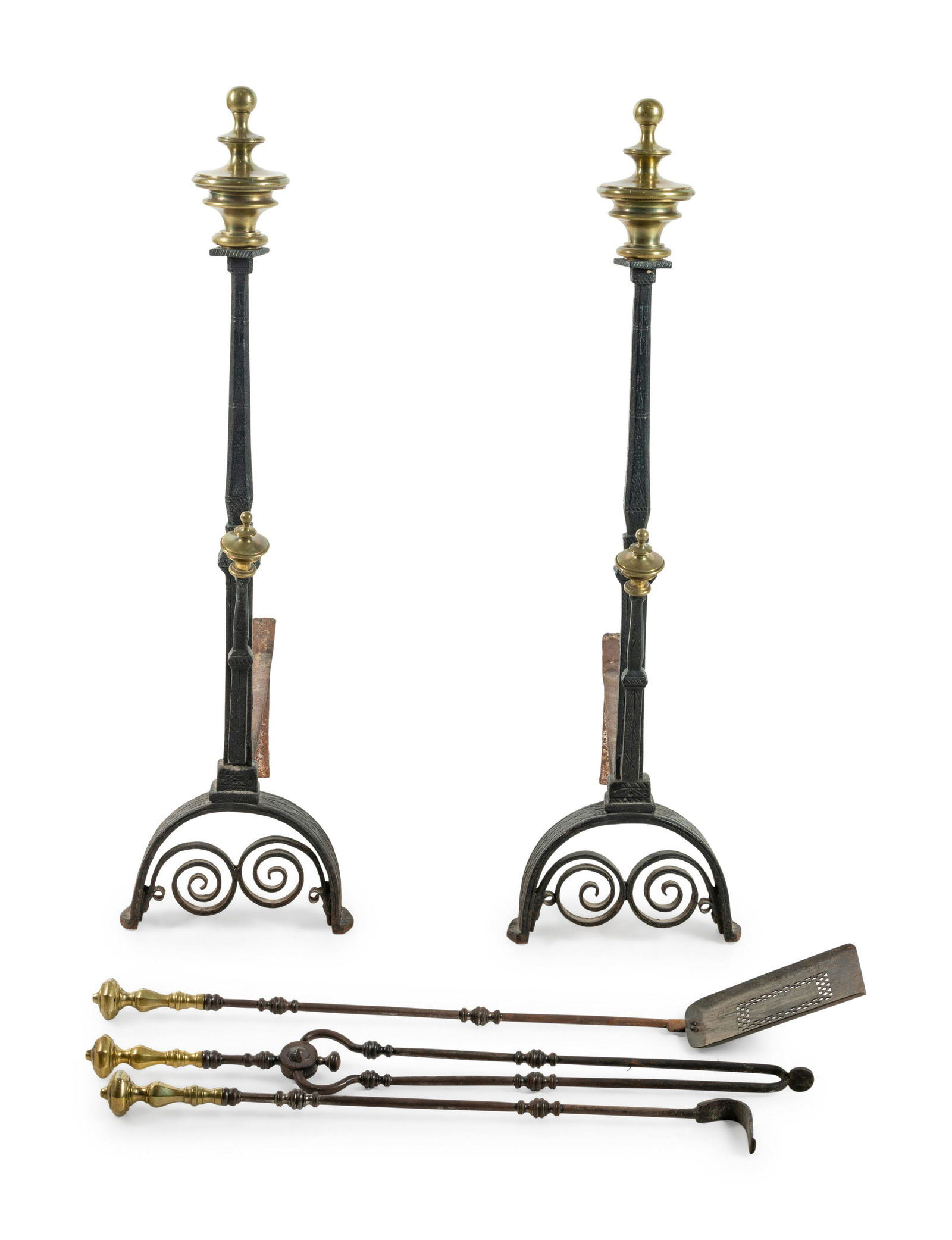 A Pair of Baroque Style Brass and Iron Andirons (1 of 2)