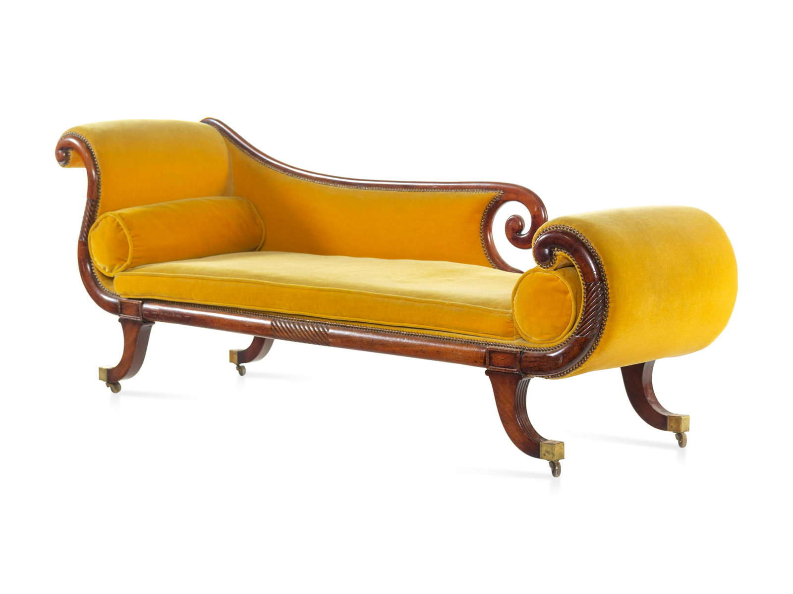 A Regency Mahogany Recamier: A Regency Mahogany Recamier Mid 19th Century with mohair upholstery. Height 34 3/4 x width 86 x depth 24 inches.