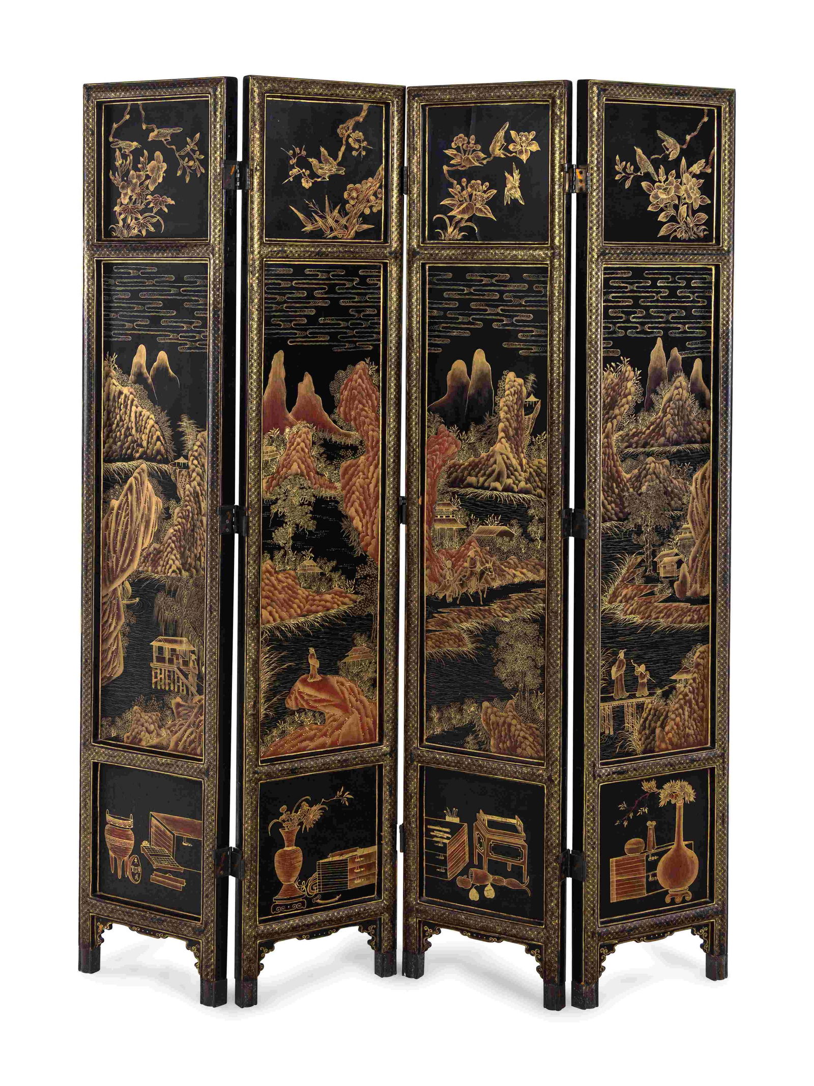 A Japanese Black-Lacquered and Parcel-Gilt Four-Panel (1 of 3)