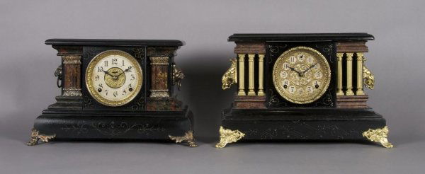 A Group of Two Seth Thomas Mantle Clocks, Height o: A Group of Two Seth Thomas Mantle Clocks, having painted wood construction with metal mounts, one gilt. Height of tallest 11 1/2 x width 18 inches.