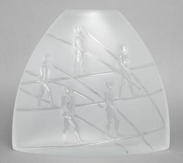 A Lalique Glass Vase, Height 10 1/2 inches.: A Lalique Glass Vase, of flattened, conical form, decorated with tightrope walkers, signed 'Lalique R France' in script. Height 10 1/2 inches.