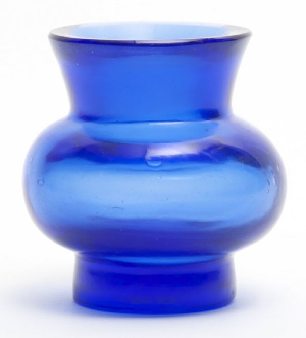 A Chinese Blue Peking Glass Vase, Height 3 1/4 inc: A Chinese Blue Peking Glass Vase, of baluster form with flared rim, the foot having a carved four character mark contained in a double square. Height 3 1/4 inches.