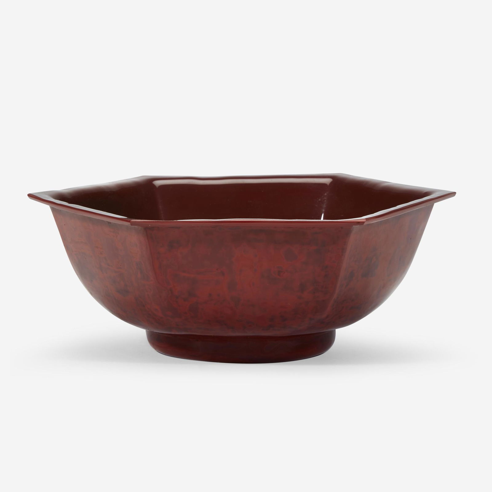 A Chinese "Realgar" glass hexagonal bowl, (1 of 2)