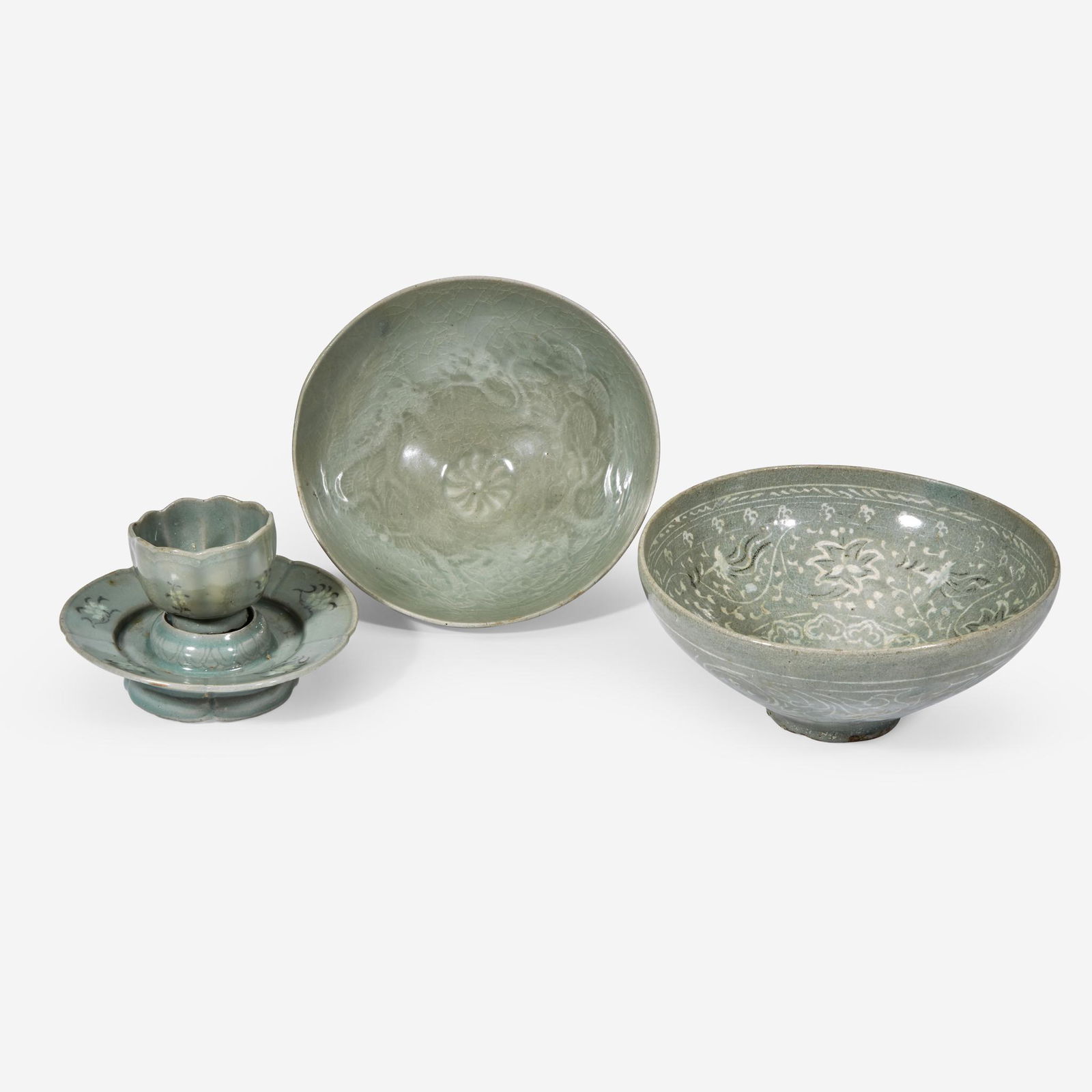 A Korean "Sanggam" inlaid celadon lotus cup and stand, (1 of 5)