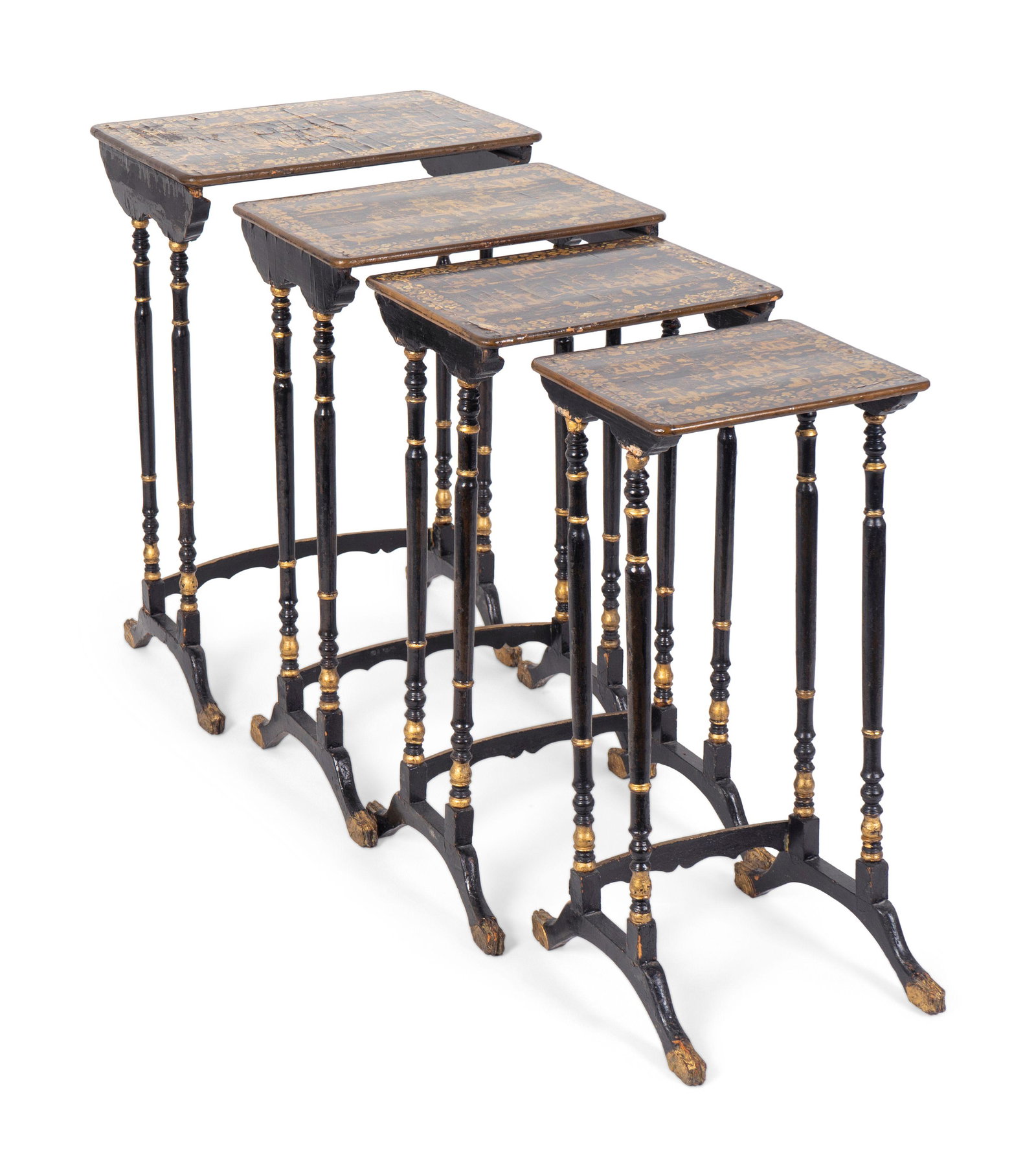 A Nest of Four Chinese Export Gilt-Decorated Black: A Nest of Four Chinese Export Gilt-Decorated Black Lacquer Tables 19TH CENTURY Largest, height 28 1/2 x width 19 1/2 x depth 12 inches. Collection of Mrs. A. Edward Allinson