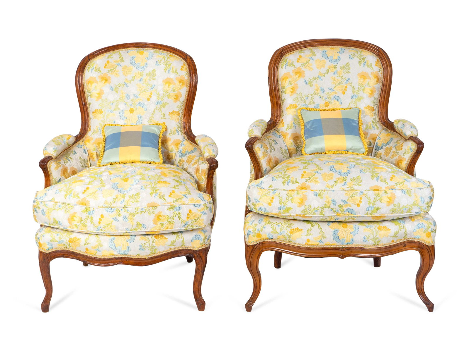 A Pair of Louis XV Style Carved Walnut Bergeres Height: A Pair of Louis XV Style Carved Walnut Bergeres 19TH CENTURY Height 36 1/2 x width 26 1/2 inches. Collection of Mrs. A. Edward Allinson