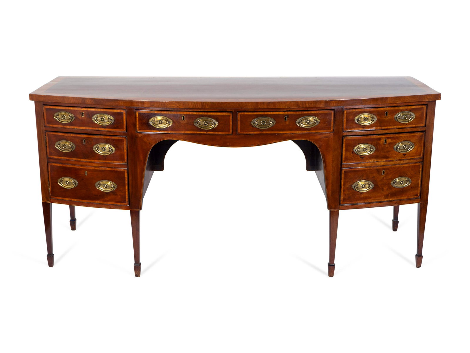 A George III Style Bow-Front Crossbanded Mahogany: A George III Style Bow-Front Crossbanded Mahogany Sideboard 19TH CENTURY Height 35 1/2 x length 78 x depth 29 inches. Provenance: Doyle's, New York, October 17, 2001, lot 238 Collection of Mrs. A. Edw
