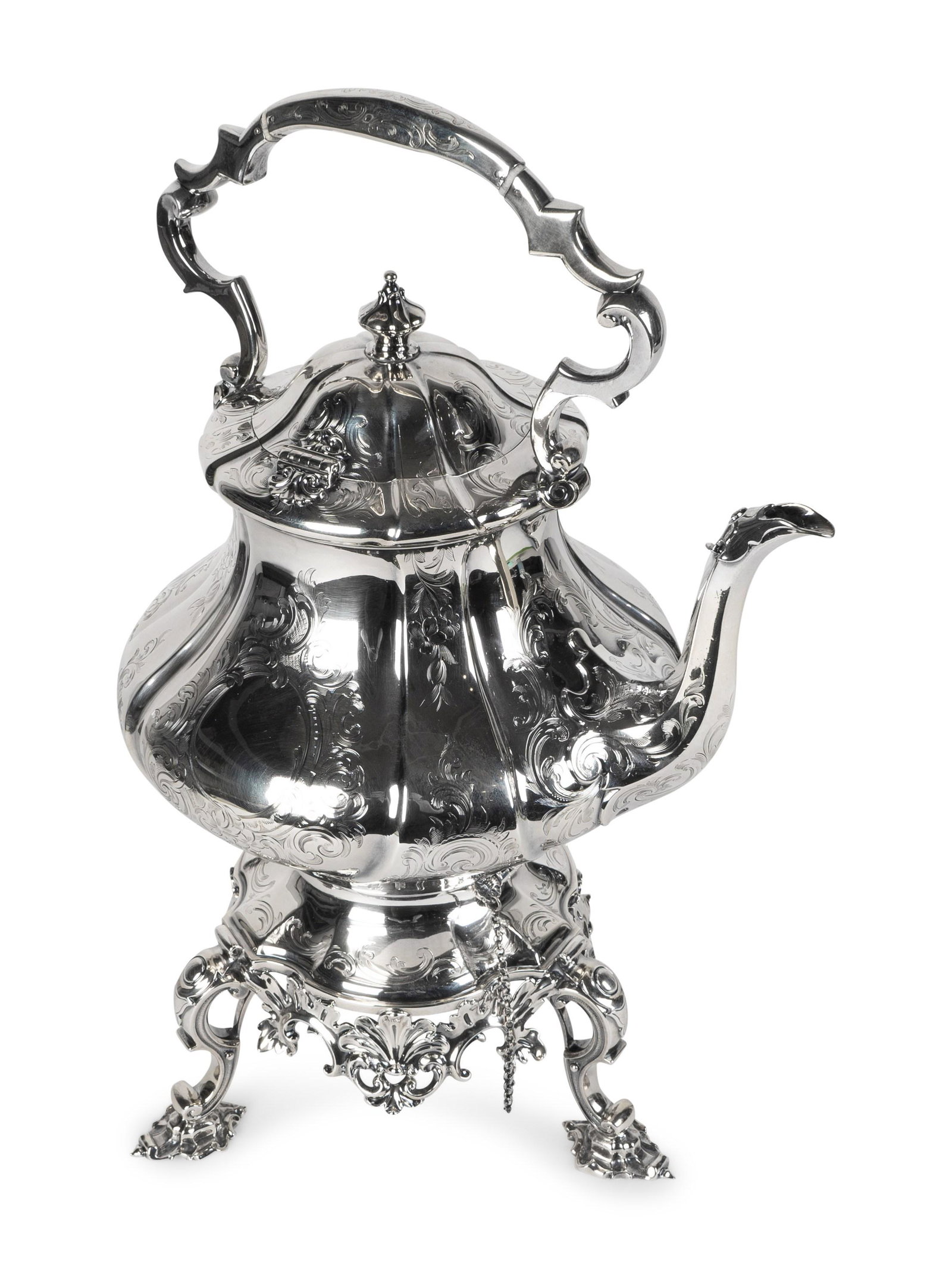 A Victorian Silver Hot Water Kettle-on-Stand Height 17: A Victorian Silver Hot Water Kettle-on-Stand EDWARD & JOHN BARNARD, LONDON, 1853 86 ozt 8 dwt Height 17 1/4 inches. Collection of Mrs. A. Edward Allinson