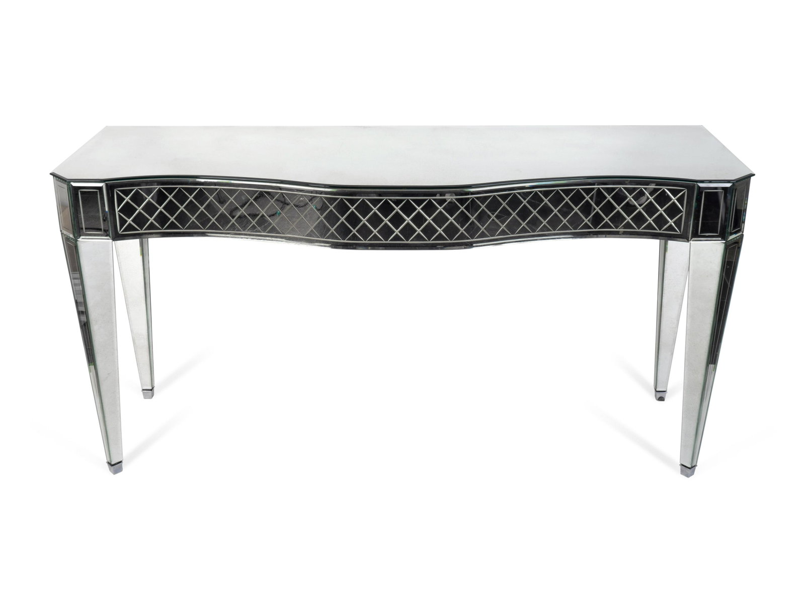 A Contemporary Etched Glass Console Table Height 33 x: A Contemporary Etched Glass Console Table 20TH CENTURY Height 33 x width 65 1/2 x depth 22 1/2 inches. Provenance: E. G. Cody, Dania Beach, Florida Collection of Mrs. A. Edward Allinson