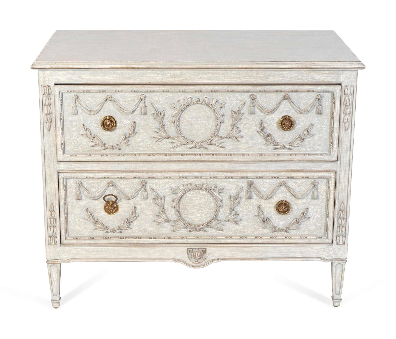 A Louis XVI Style Painted Commode Height 33 1/2 x: A Louis XVI Style Painted Commode 20TH CENTURY Height 33 1/2 x length 40 1/2 x depth 21 inches. Collection of Mrs. A. Edward Allinson