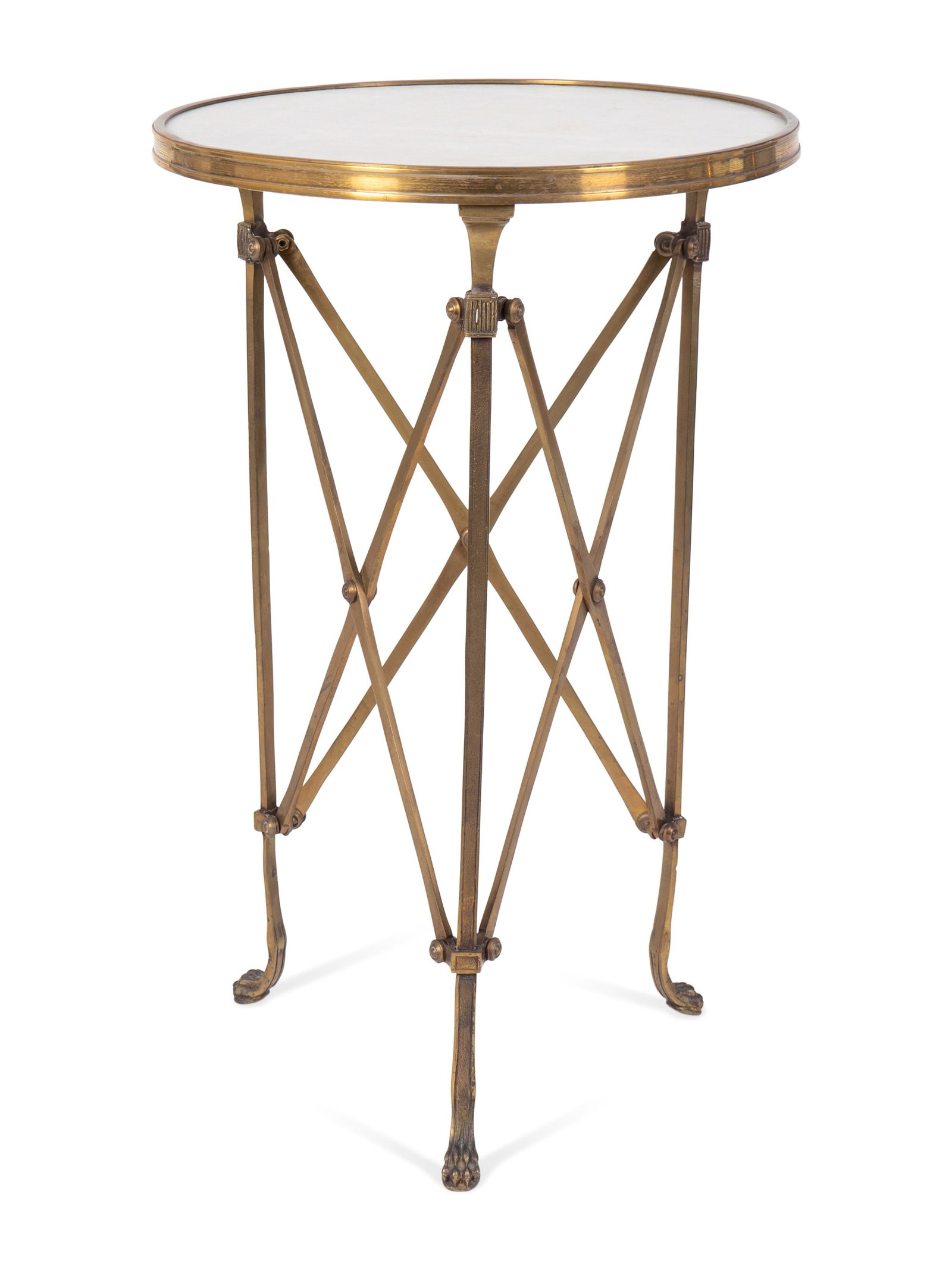 Directoire Style Gilt Bronze and White Marble Gueridon: A Directoire Style Gilt Bronze and White Marble Gueridon 20TH CENTURY Height 26 3/4 x diameter 17 inches. Collection of Mrs. A. Edward Allinson