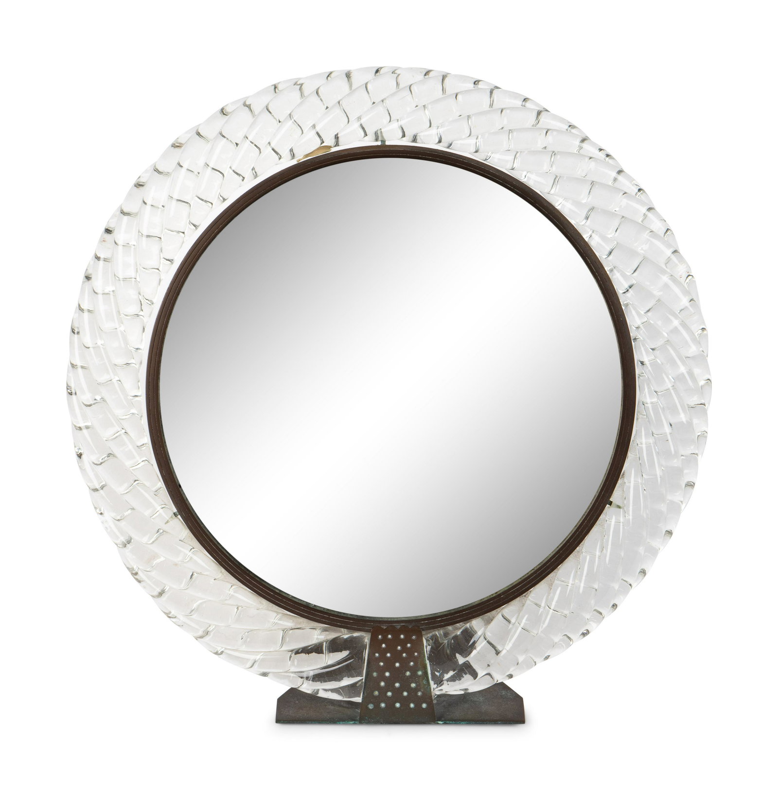 An Art Deco Murano Glass and Bronze Framed Venini Style: An Art Deco Murano Glass and Bronze Framed Venini Style Vanity Mirror 20TH CENTURY Height 15 ¾ x width 15 ½ inches. Collection of Mrs. A. Edward Allinson