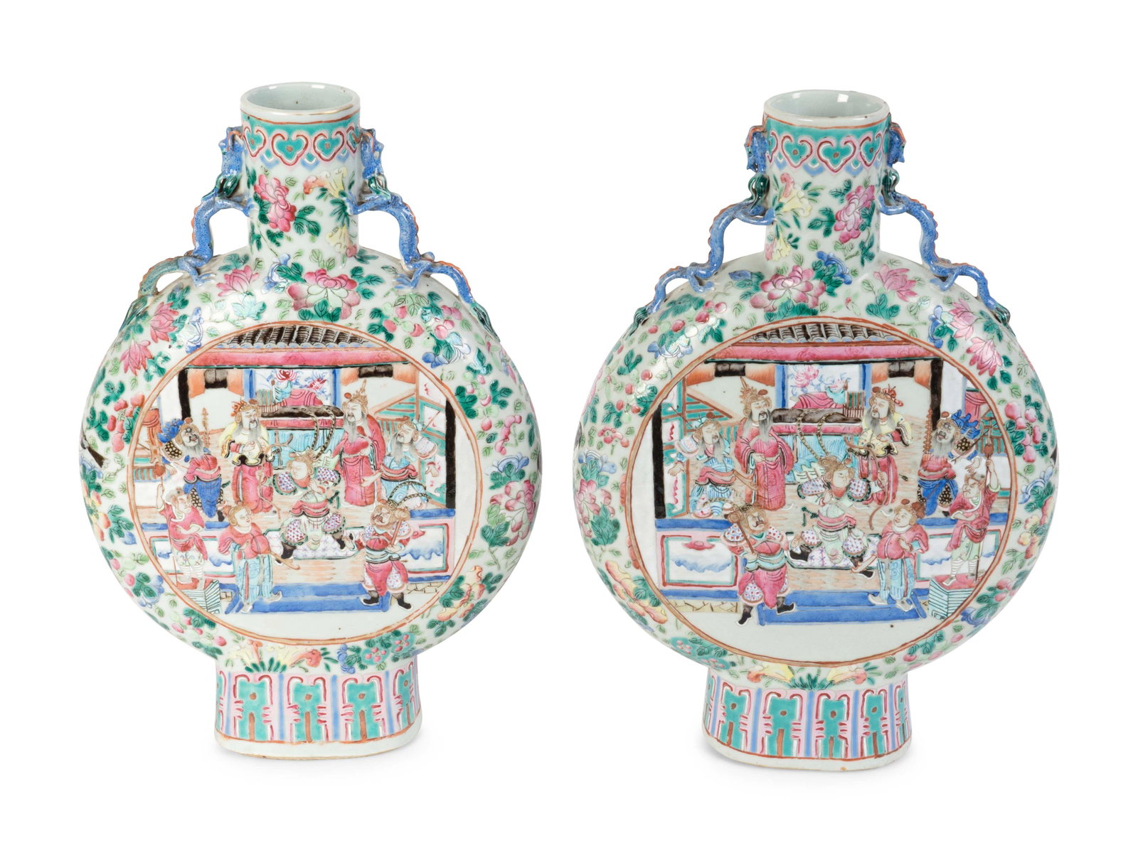 A Pair of Chinese Export Famille Rose Moon Flasks: A Pair of Chinese Export Famille Rose Moon Flasks 19TH CENTURY Height 16 inches. Provenance: Doyle's, New York, October 17, 2001, lot 390 Collection of Mrs. A. Edward Allinson