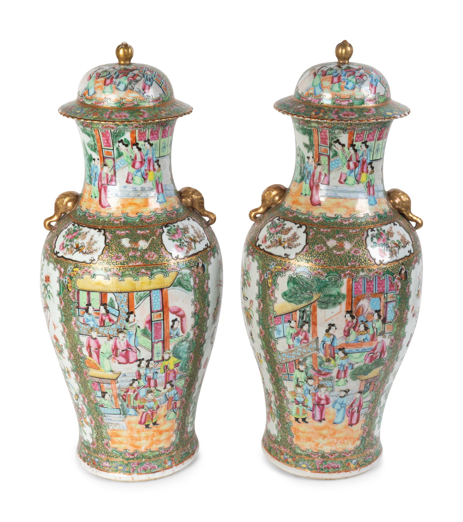 A Pair of Chinese Export Porcelain Rose Canton Covered: A Pair of Chinese Export Porcelain Rose Canton Covered Jars 19TH CENTURY having elephant heads applied to shoulders. Height 25 1/2 inches. Collection of Mrs. A. Edward Allinson