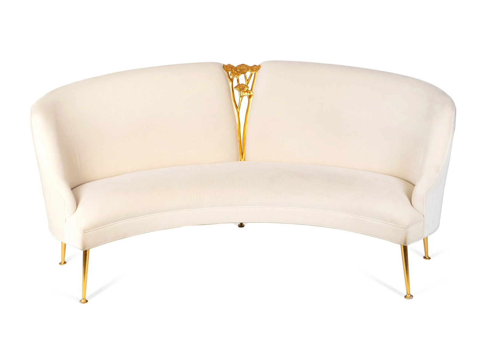 A Christopher Guy Gilt-Bronze and White Velvet Jardin d: A Christopher Guy Gilt-Bronze and White Velvet Jardin de Tuilleries Sofa 20TH/21ST CENTURY Height 37 x width 90 inches. Collection of Mrs. A. Edward Allinson