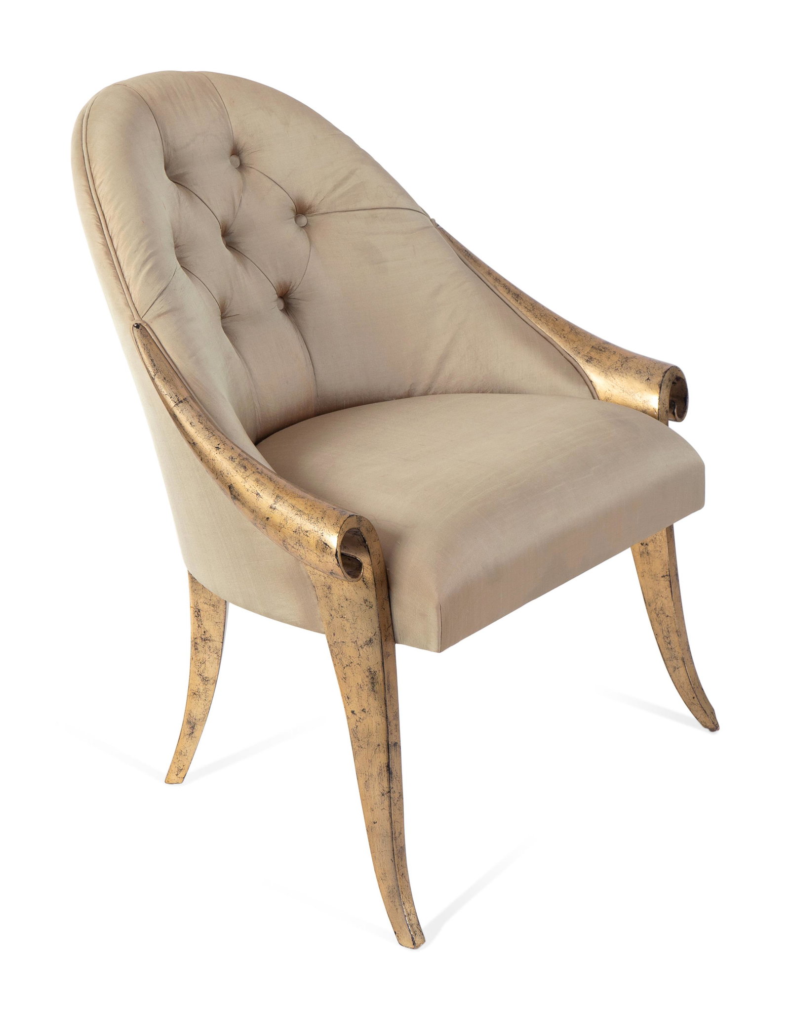 A Christopher Guy Desk Chair Height 38 inches.: A Christopher Guy Desk Chair 21ST CENTURY Taupe silk upholstery, gilt lacquer arms and legs. Height 38 inches. Collection of Mrs. A. Edward Allinson
