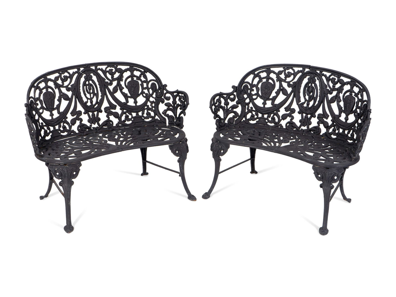 A Pair of Victorian Style Cast-Iron Garden Benches: A Pair of Victorian Style Cast-Iron Garden Benches 20TH CENTURY Height 36 x width 37 inches. Collection of Mrs. A. Edward Allinson