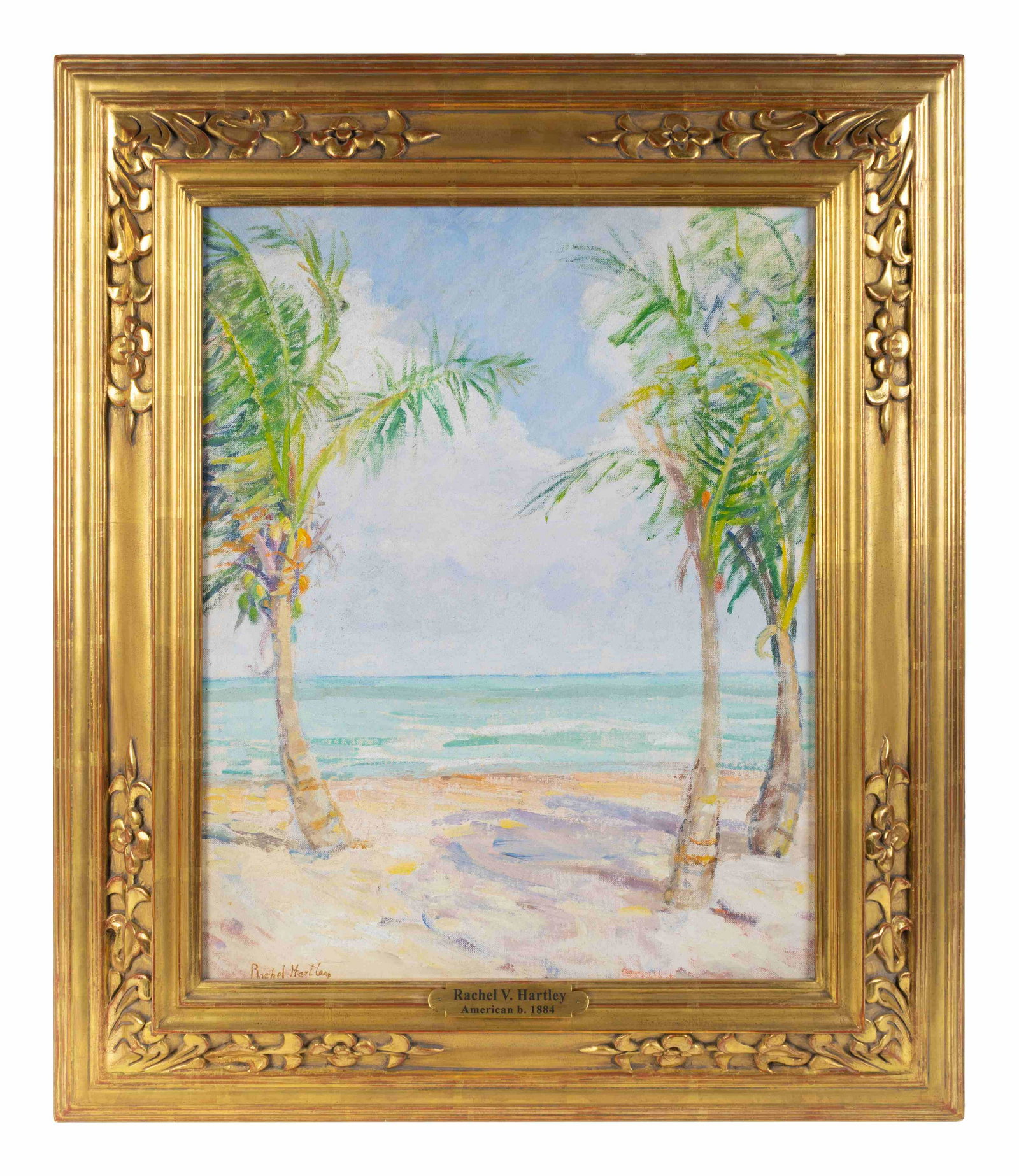 Rachel V. Hartley (American, 1884-1955) Under the: Rachel V. Hartley (American, 1884-1955) Under the Palms, A Tropical Beach Scene on on canvas board signed LR 19 1/2 x 15 1/2 inches. Collection of Mrs. A. Edward Allinson